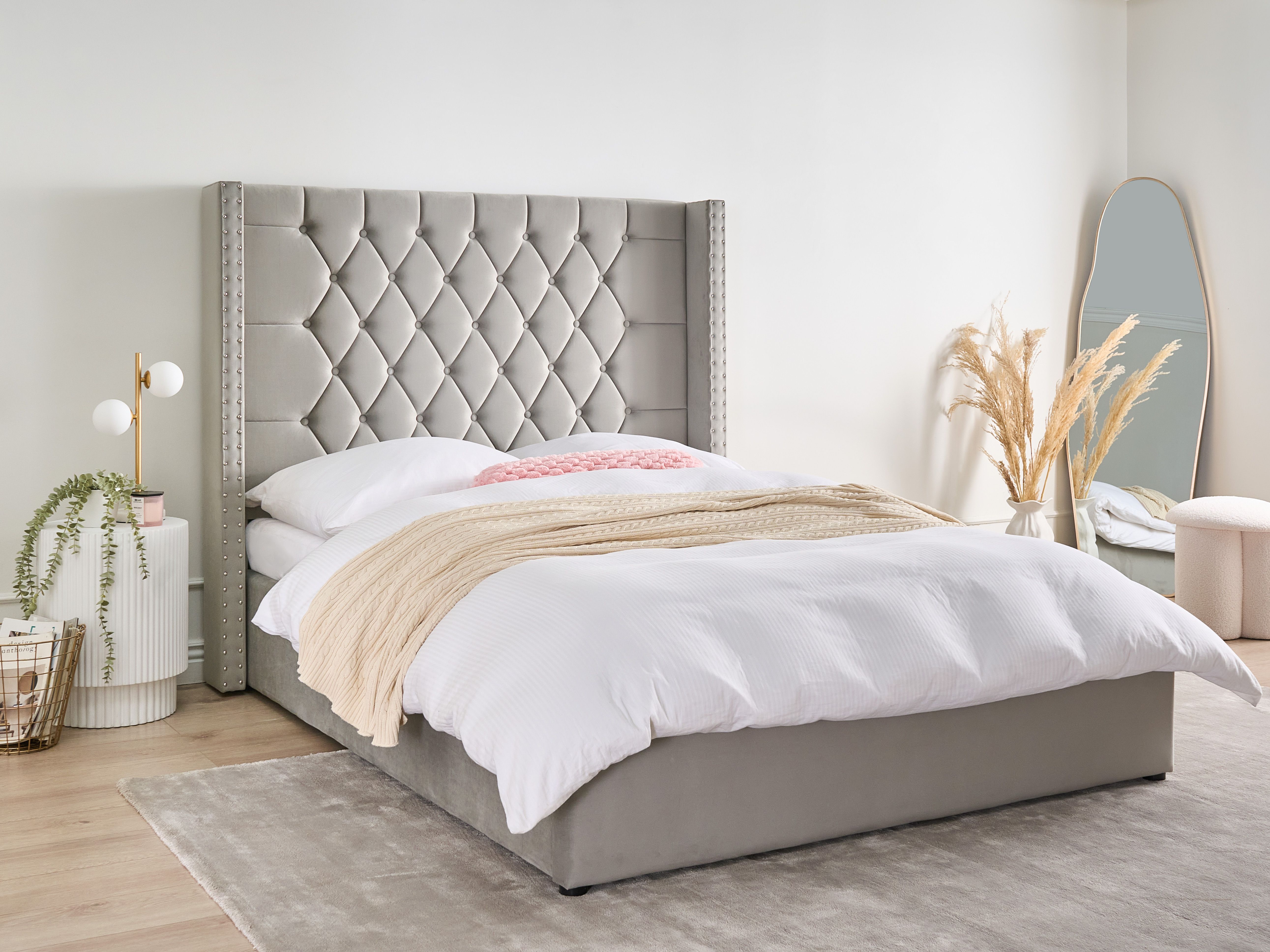 Ottoman Bed Velvet LUBBON 140 x 200 cm (EU Double) Light Grey
