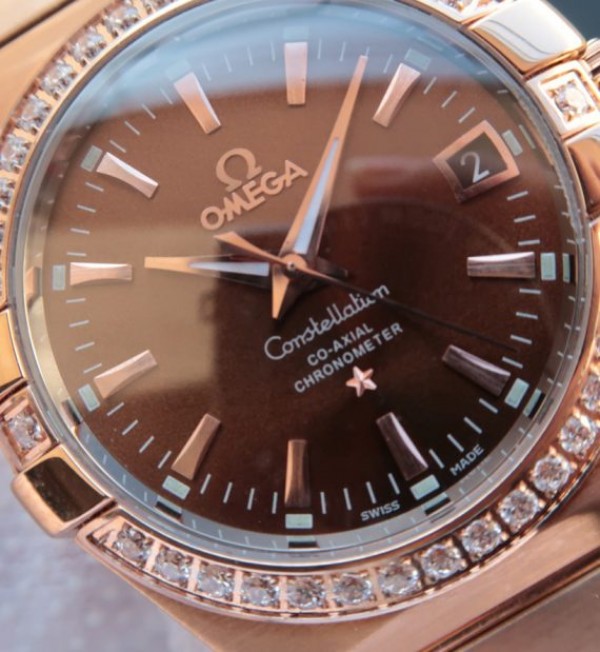 Replica Omega V6 Constellation Diamonds Bezel RG Case Brown Dial A2500 - Top club