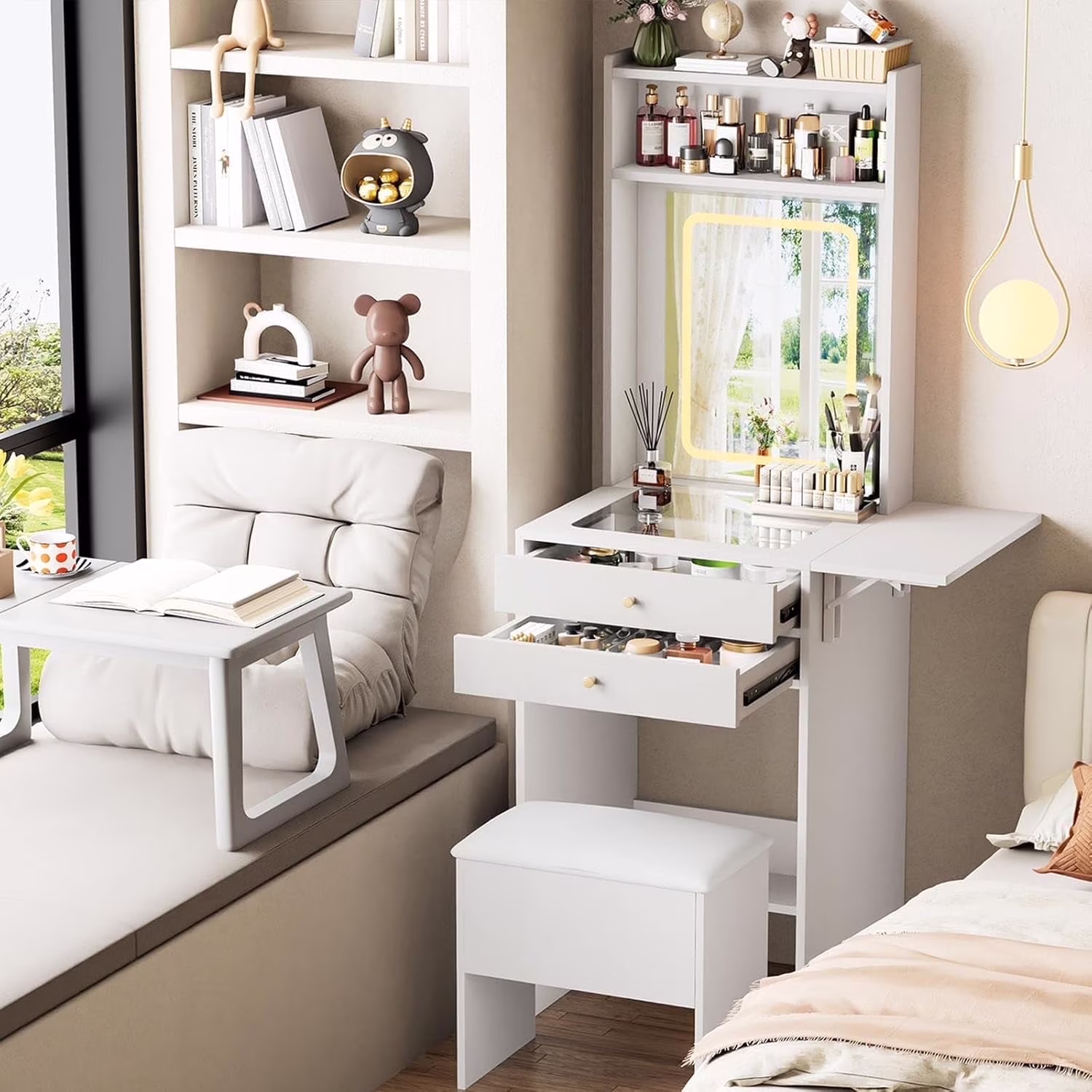 Montary Modern Mini Vanity w/Adjustable LED Mirror + Hidden Storage, Padded Stool & Dustproof Shelves (White) - Image 26