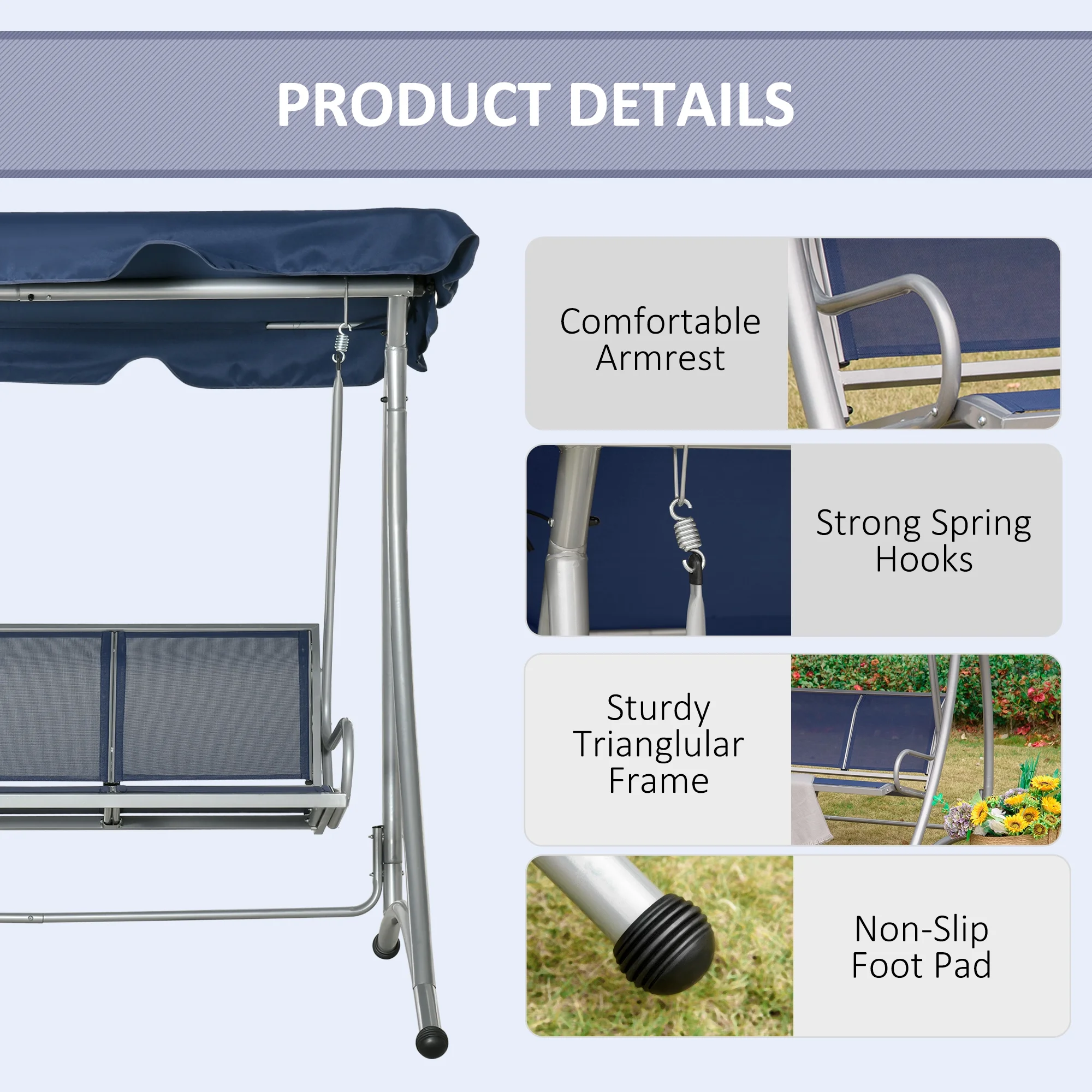 Outsunny 3 Person Patio Swing Seats, Porch Swing with Stand & Adjustable Canopy, Heavy Duty Outdoor Swing Chair Bench for Adults, Black - Image 17