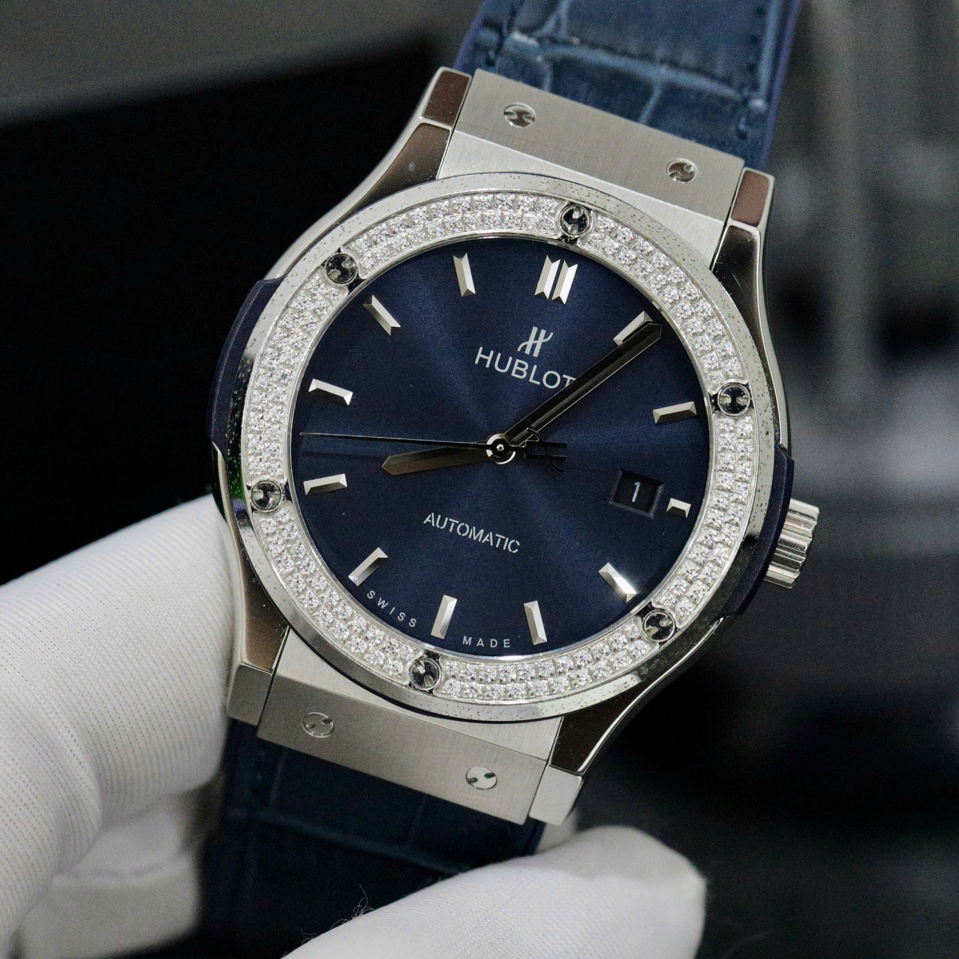 Hublot Classic Fusion Titanium Bezel Diamonds Blue Color Replica Watch HB Factory 42mm - Elite Watch Atelier