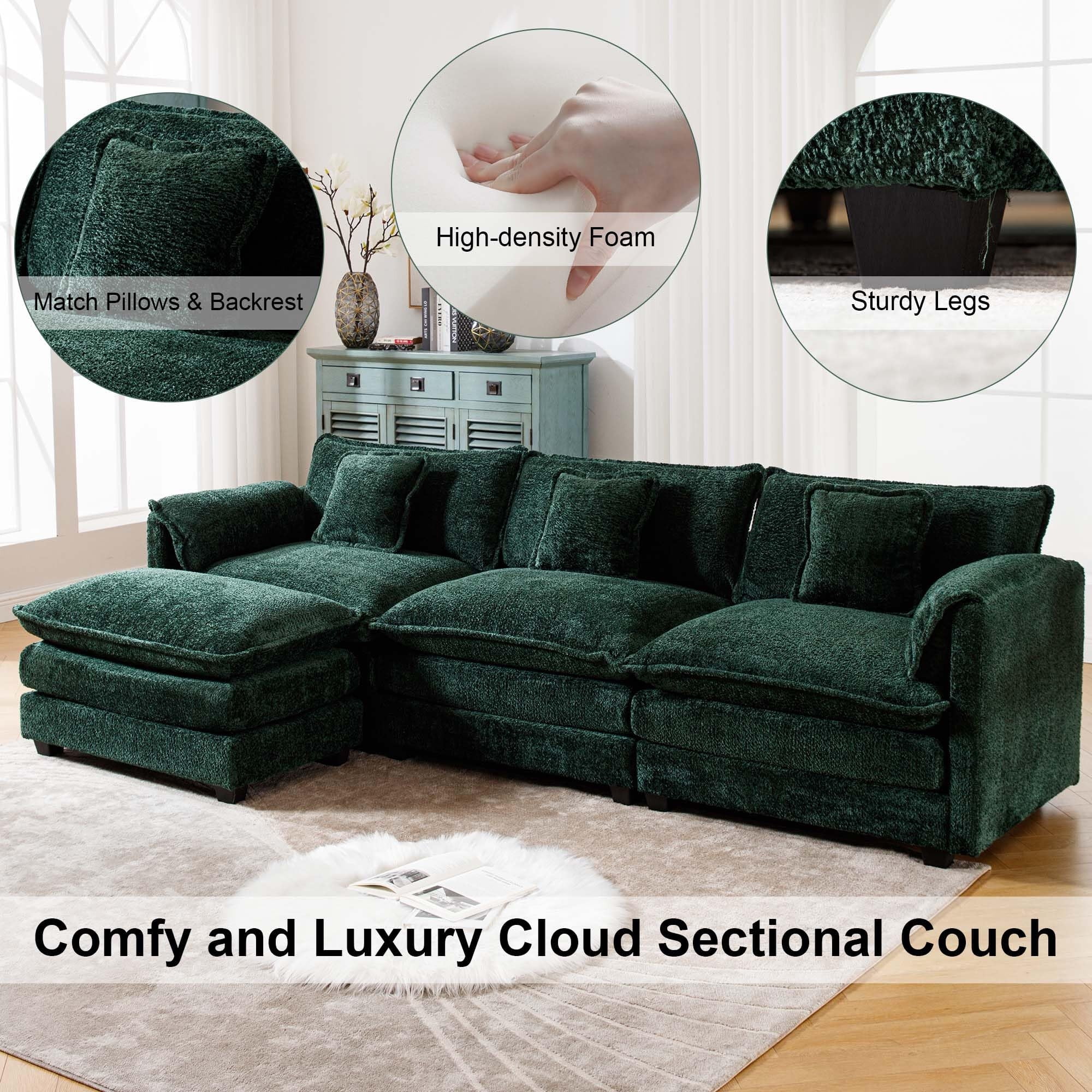 GNIXUU 112" Oversized Sectional Sofa Cloud Couch for Living Room, Modern Chenille L Shaped Couch, Comfy Boucle Modular Sofa Sleeper with Moveable Ottoman & Memory Foam (Green) - Image 4