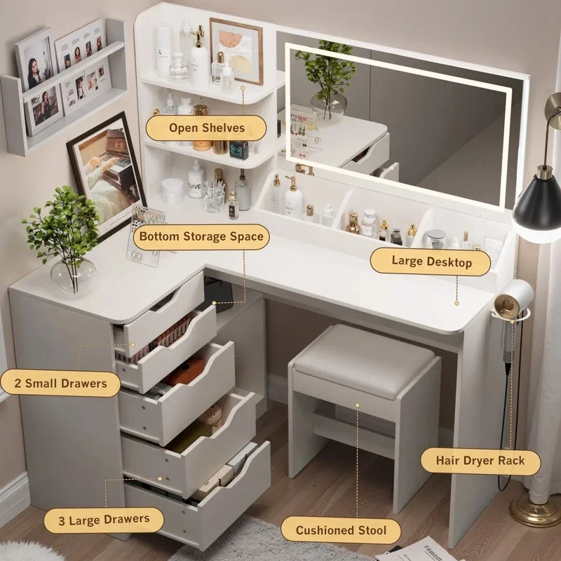 Furmax L Shaped Vanity Desk Set Corner Makeup Vanity Set with Adjustable LED Lighted Mirror & Power Outlets Dressing Table with Organizers, and Cushioned Stool, White - Image 6