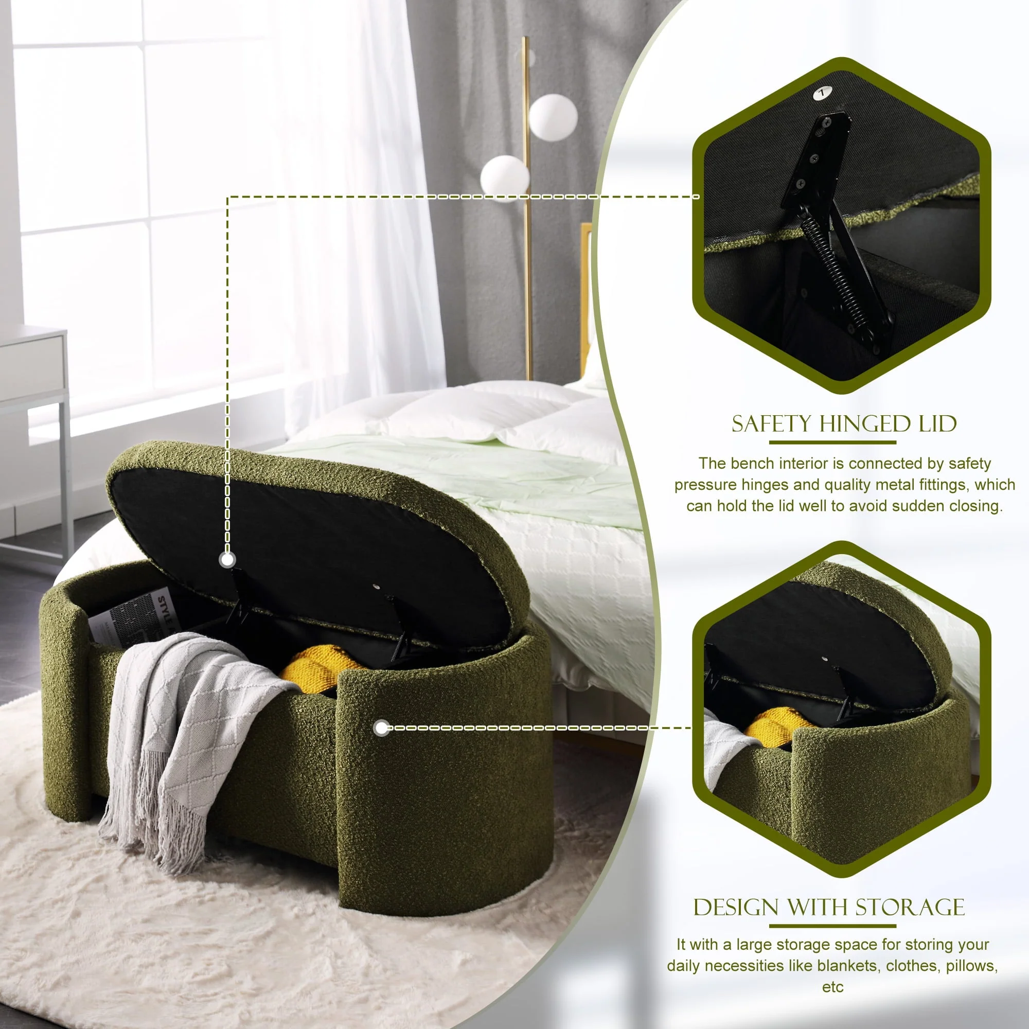 KINFFICT 43.3" Velvet End of Bed Bench for Bedroom, Upholstered Storage Ottoman Bench Entryway Bench with Storage for Living Room Bedroom, Green - Image 12