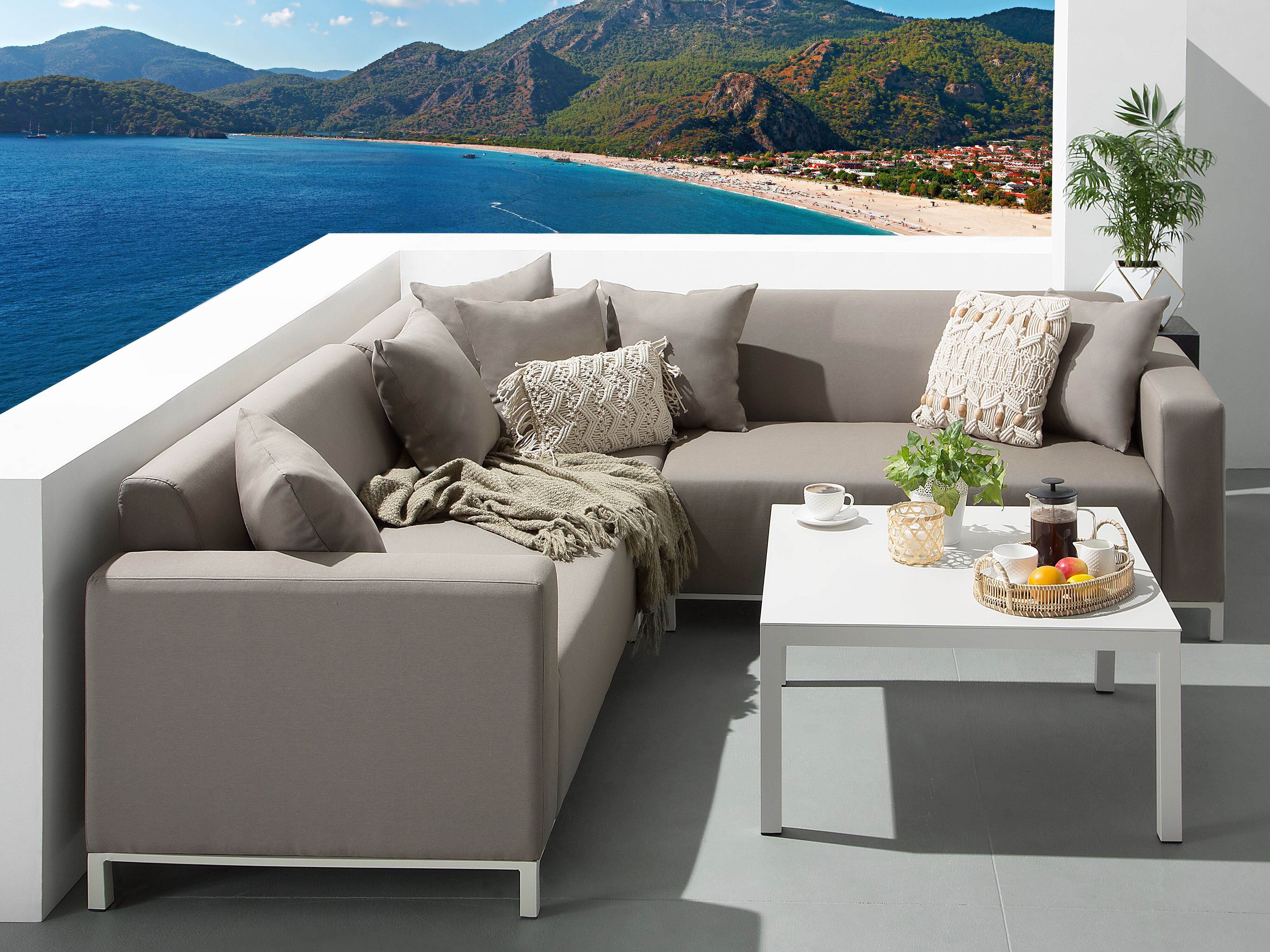 Garden Corner Sofa with Table 5 Seater BELIZE Right Hand Modular Beige