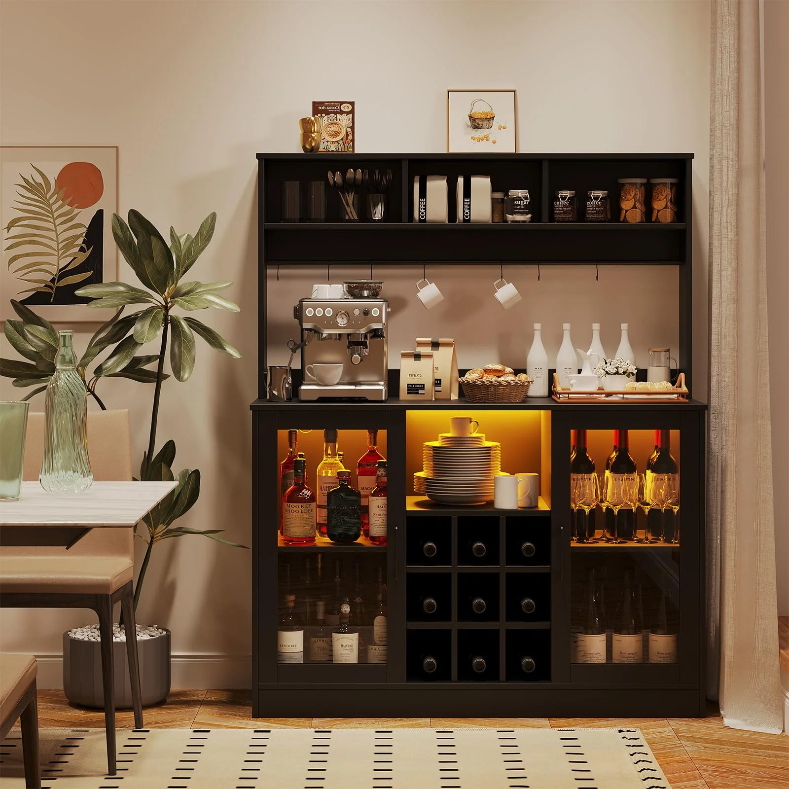 Huisuilinss Wine Bar Cabinet with LED Light, Liquor Cabinet, Coffee Bar Cabinet for Liquor, Storage Buffet Cabinet with 9 Wine Racks,6 Hooks and Adjustable Shelf,Wine Bar Cabinet with Power Outlet
