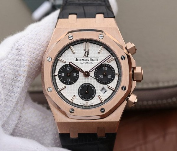 Replica Audemars Piguet Royal Oak Chronograph 26331 RG White Dial Leather Strap A7750 - Elite Watch Atelier
