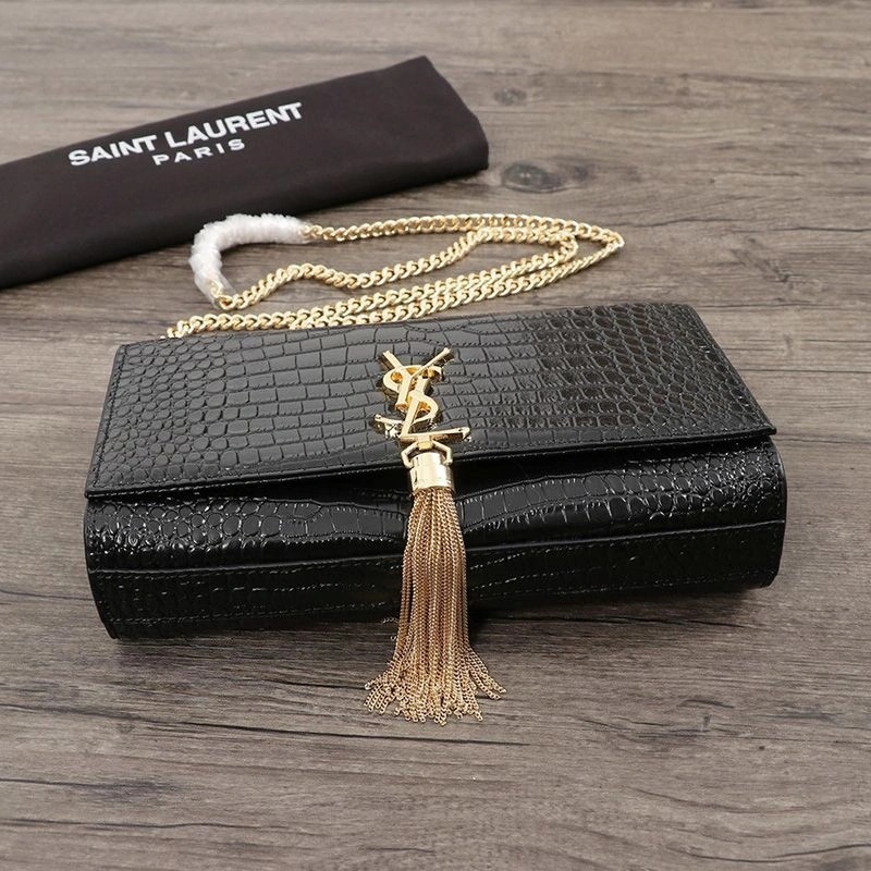 Saint Laurent Medium Kate Chain Bag with Tassel In Crocodile Embossed Shiny Leather Black Gold - 1:1High-quality replica