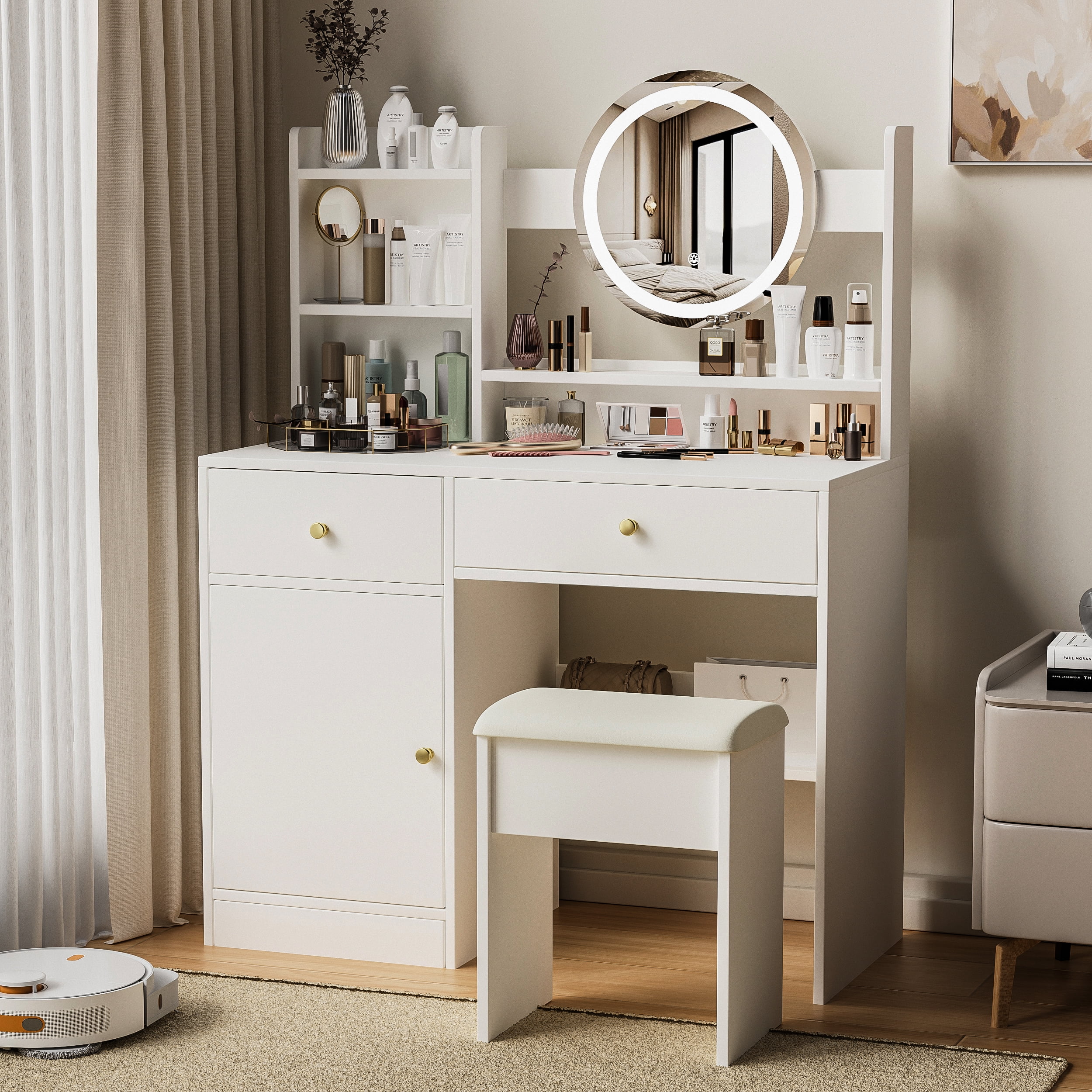 Montary Modern Mini Vanity w/Adjustable LED Mirror + Hidden Storage, Padded Stool & Dustproof Shelves (White) - Image 109