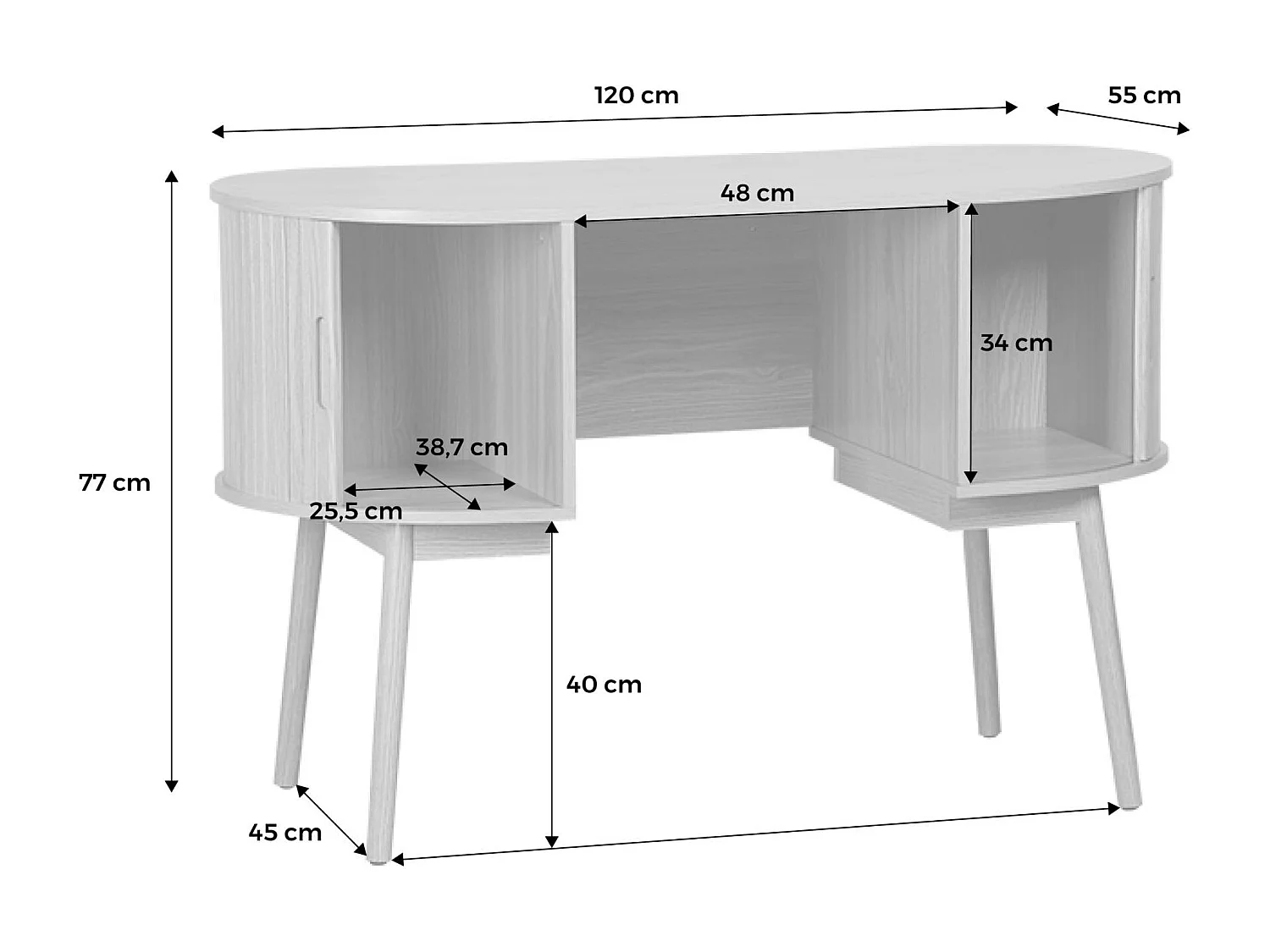 Bureau ovale décor bois rainuré avec deux espaces de rangement. L 120 x P 55 x H 77 cm