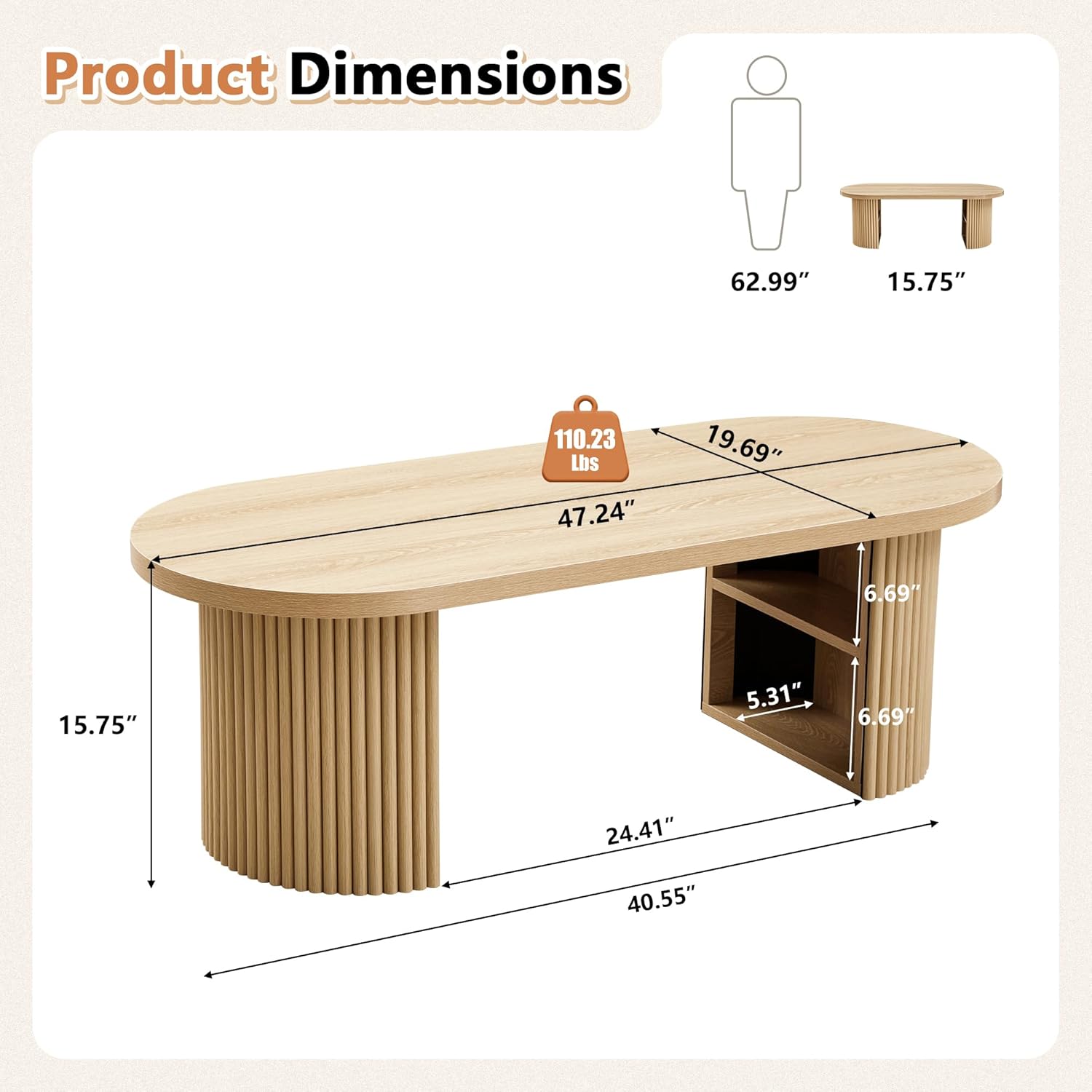 Oval Fluted Coffee Table, 47