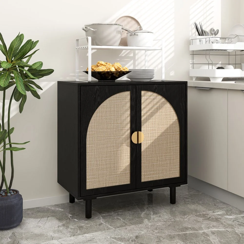 Tcbosik Rattan Storage Cabinet, Boho Sideboard Buffet Cabinet, Accent Cabinet with 2 Doors and Adjustable Shelves, Living Room, Kitchen, Dining Room, Hallyway, Black