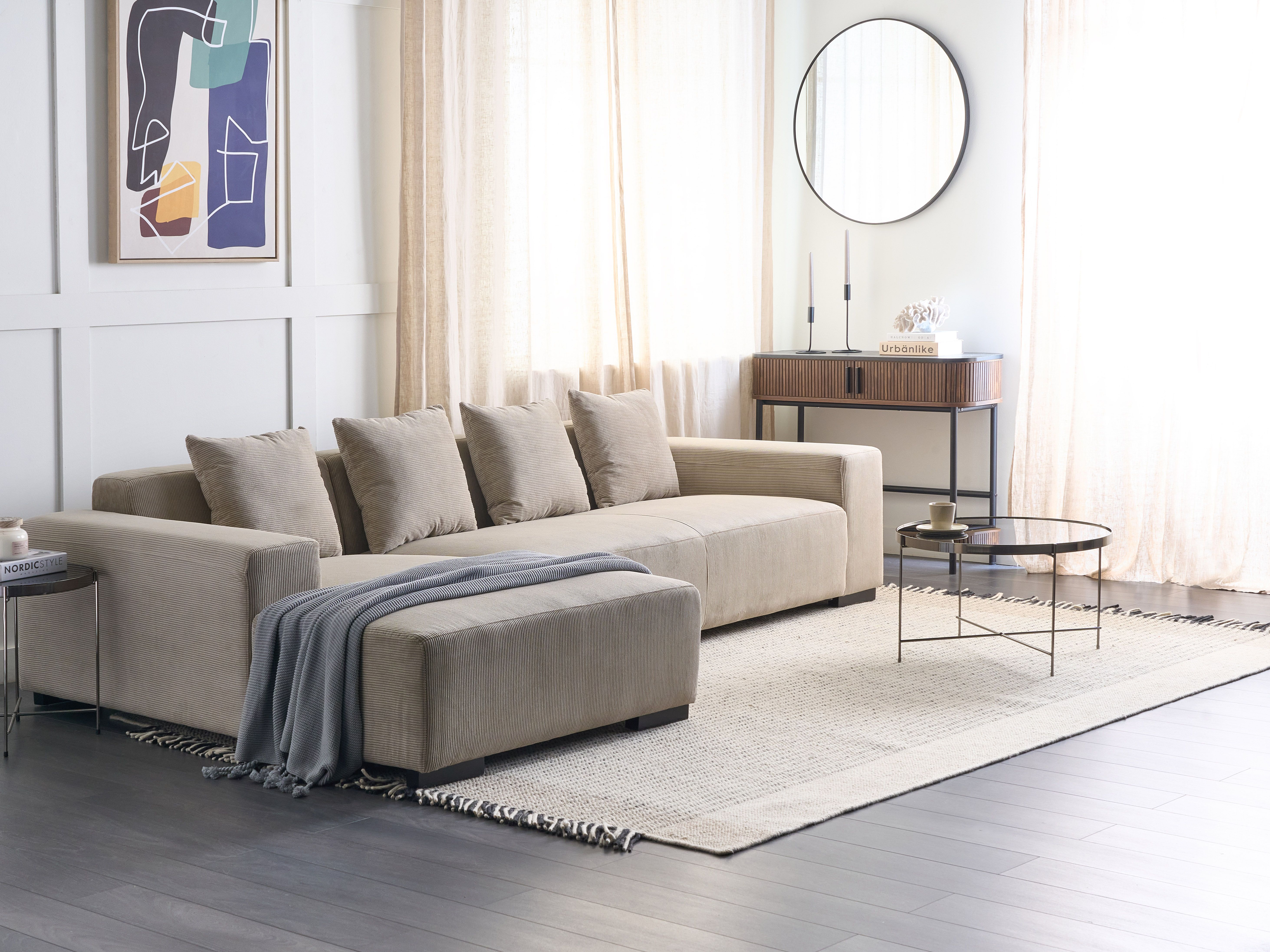 Corner Sofa 4 Seater LUNGO Corduroy Beige Right Hand