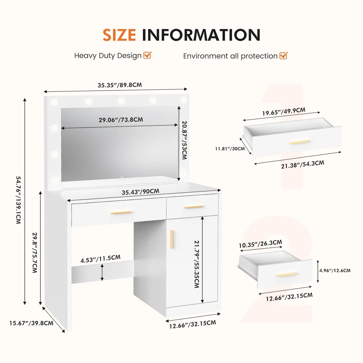 Blorly White Vanity Desk with Mirror, Makeup Vanity Table with LED Lights and Power Outlet, 3 Drawer, 4 Shelves, 1 Cabinet - Image 17