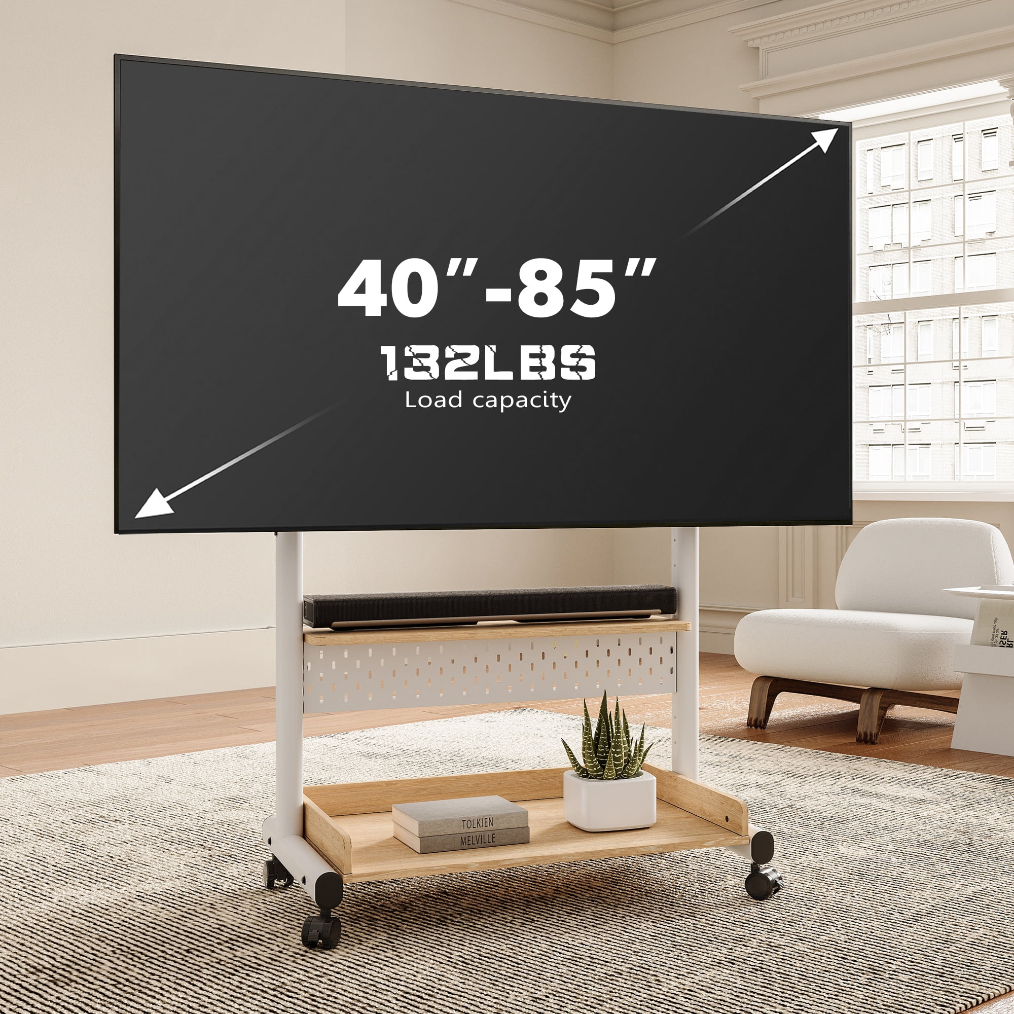 FITUEYES Rolling TV Stand with Wheels for 40-85 inch TVs, Height Adjustable Mobile TV Stand TV cart with Wooden Large Storage,White - Image 9