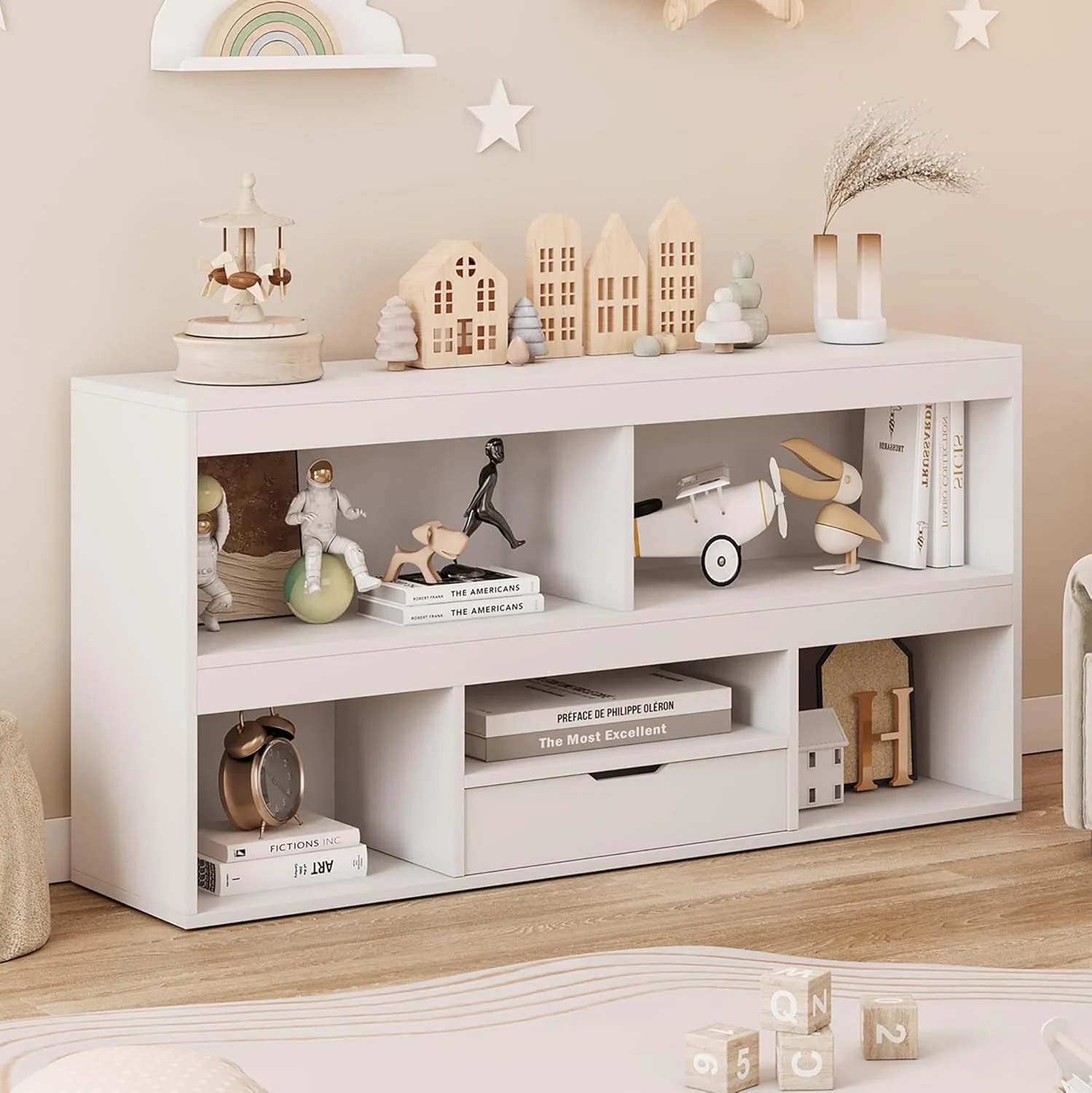 Kids Bookshelf with Drawer Nursery Bookcase Wooden Toy Storage Organizer Playhouse Storage Shelves White Book Shelf for Playroom, Classroom, Nursery, Kids Room