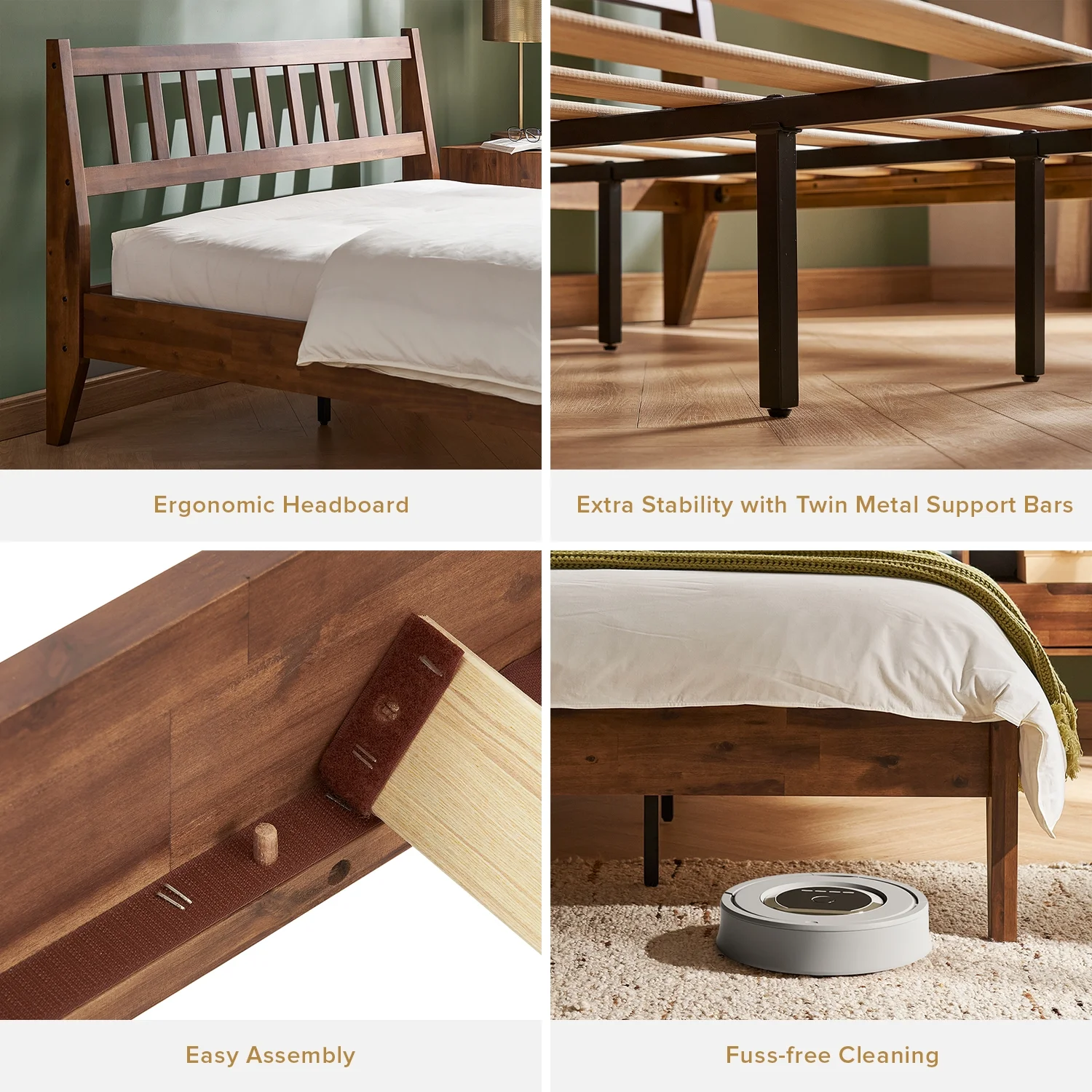 Mopio Ted Queen Bed Frame with Headboard, Full Size Bed Frame, Mid Century Modern Acacia Solid Wood Platform Bed Frame, Wooden Bed Slats, No Box Spring Needed, Double Metal Bar Support, Walnut - Image 7