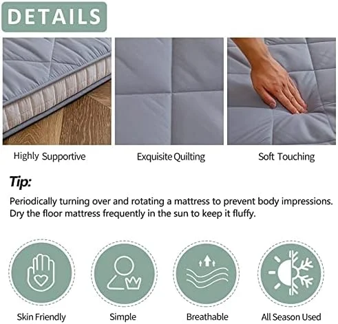 Japanese Floor Futon Mattress King Size, Floor Bed for Adults, Roll Up Folding Mattress, Diamond Patterned Japanese Futon Bed, Dark Grey - Image 14