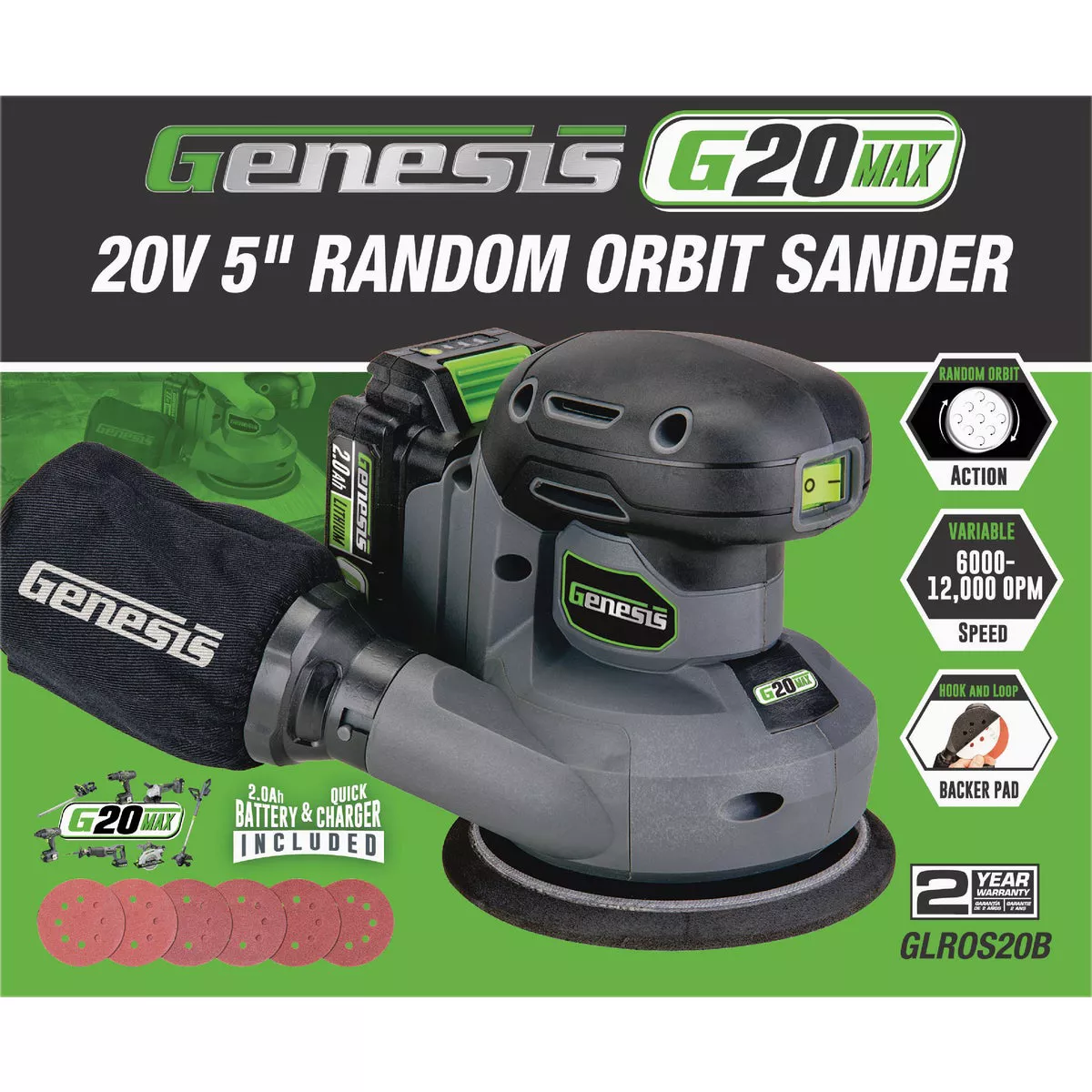 Genesis 20V 5 In. Cordless Random Orbit Sander Kit with 2.0 Ah Battery & Charger