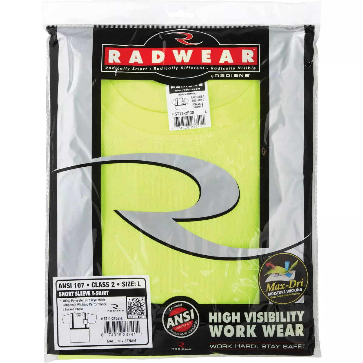 Radians Rad Wear ANSI Class 2 Hi Vis Green Safety T-Shirt Large