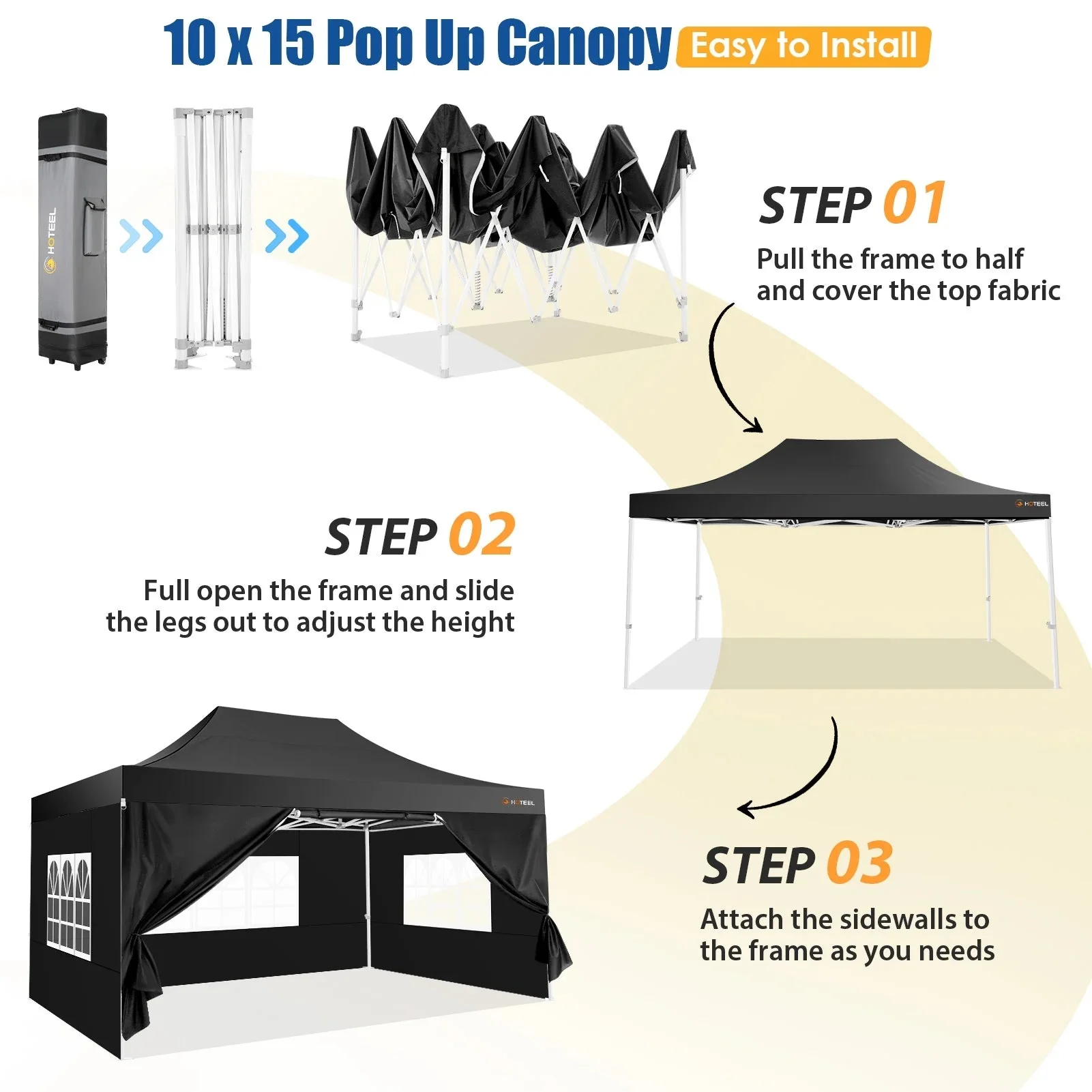 HOTEEL Heavy Duty Pop-Up Canopy Tent 10x15, 4 Sidewalls, Black - Image 8 HOTEEL Heavy Duty Pop-Up Canopy Tent 10x15, 4 Sidewalls, Black - Image 8
