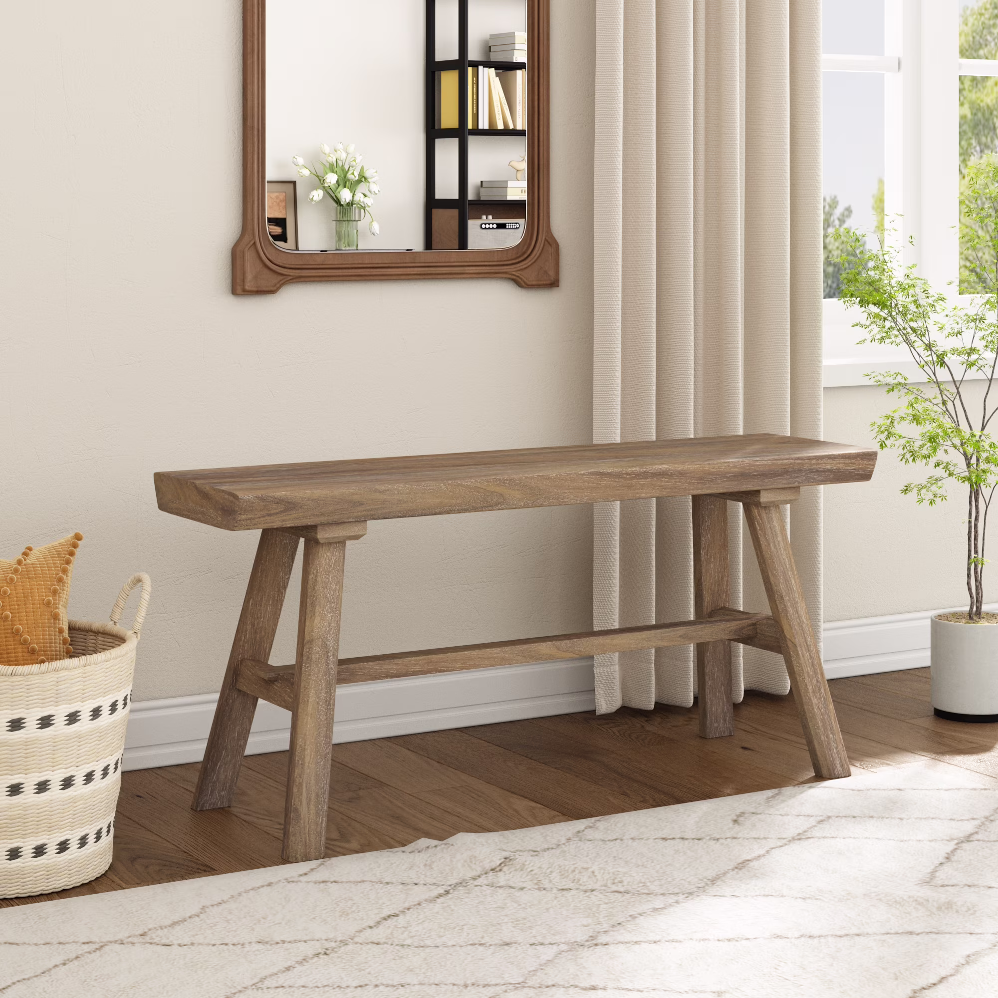 39" Solid Wood Bench, Rustic Farmhouse Wood Dining Room & Entryway Bench Seat for Indoors and Outdoors