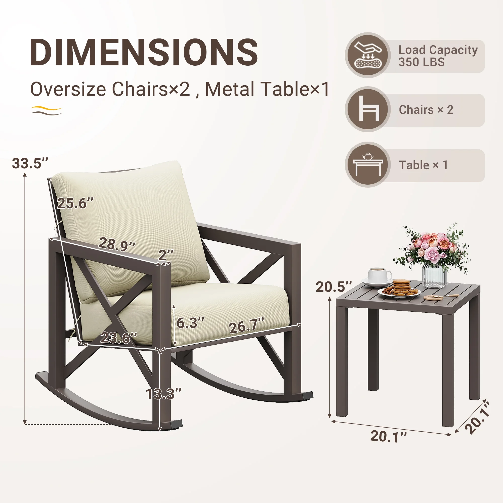 MRUAKA Rocking Chair Bistro Set,3 Piece Outdoor Patio Furniture Set with 2 Rockers and 1 Metal Coffee Table with Thick Cushions for Porch,Backyard,Poolside,Beige