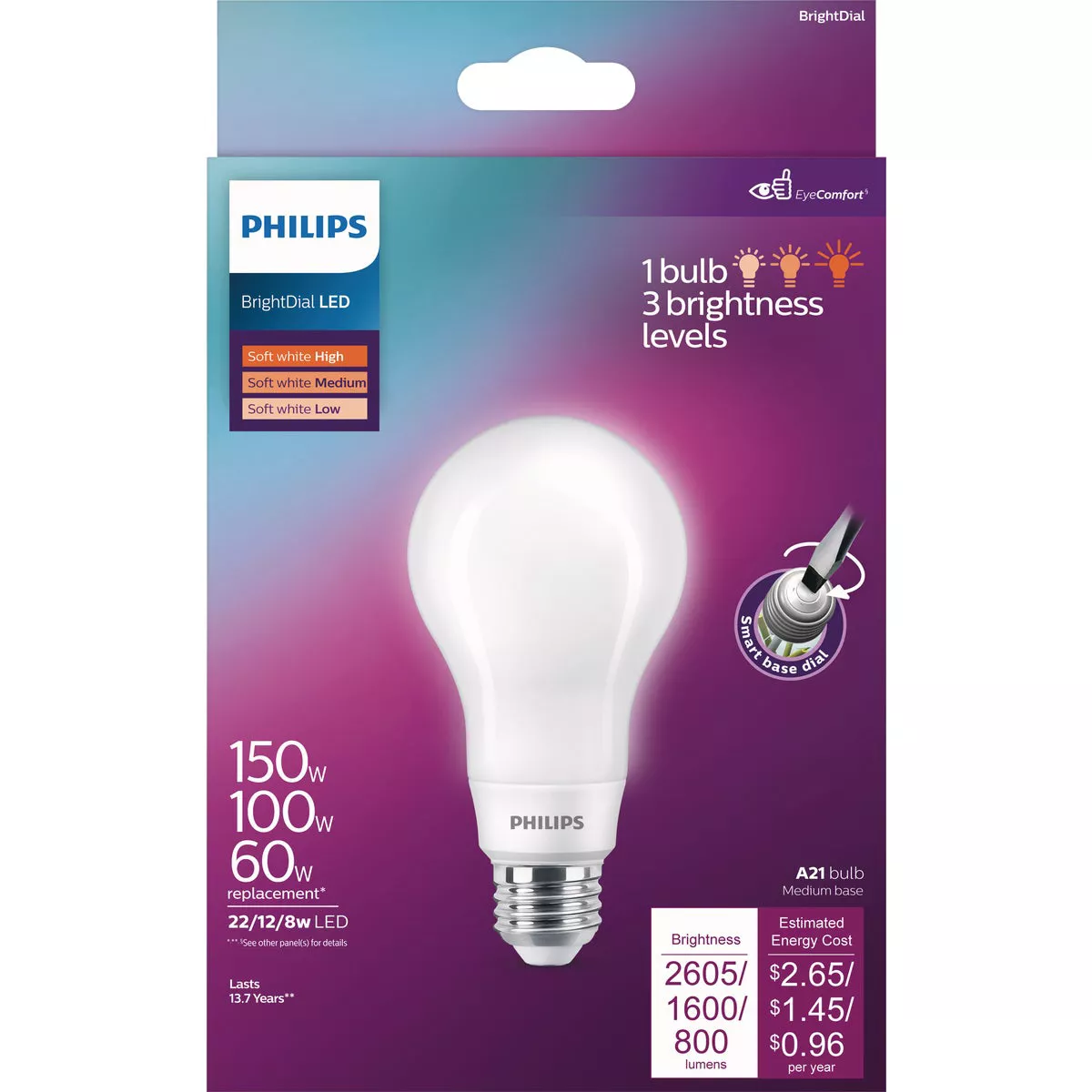 Philips BrightDial 150/100/60W Equivalent Soft White A21 Medium LED Light Bulb