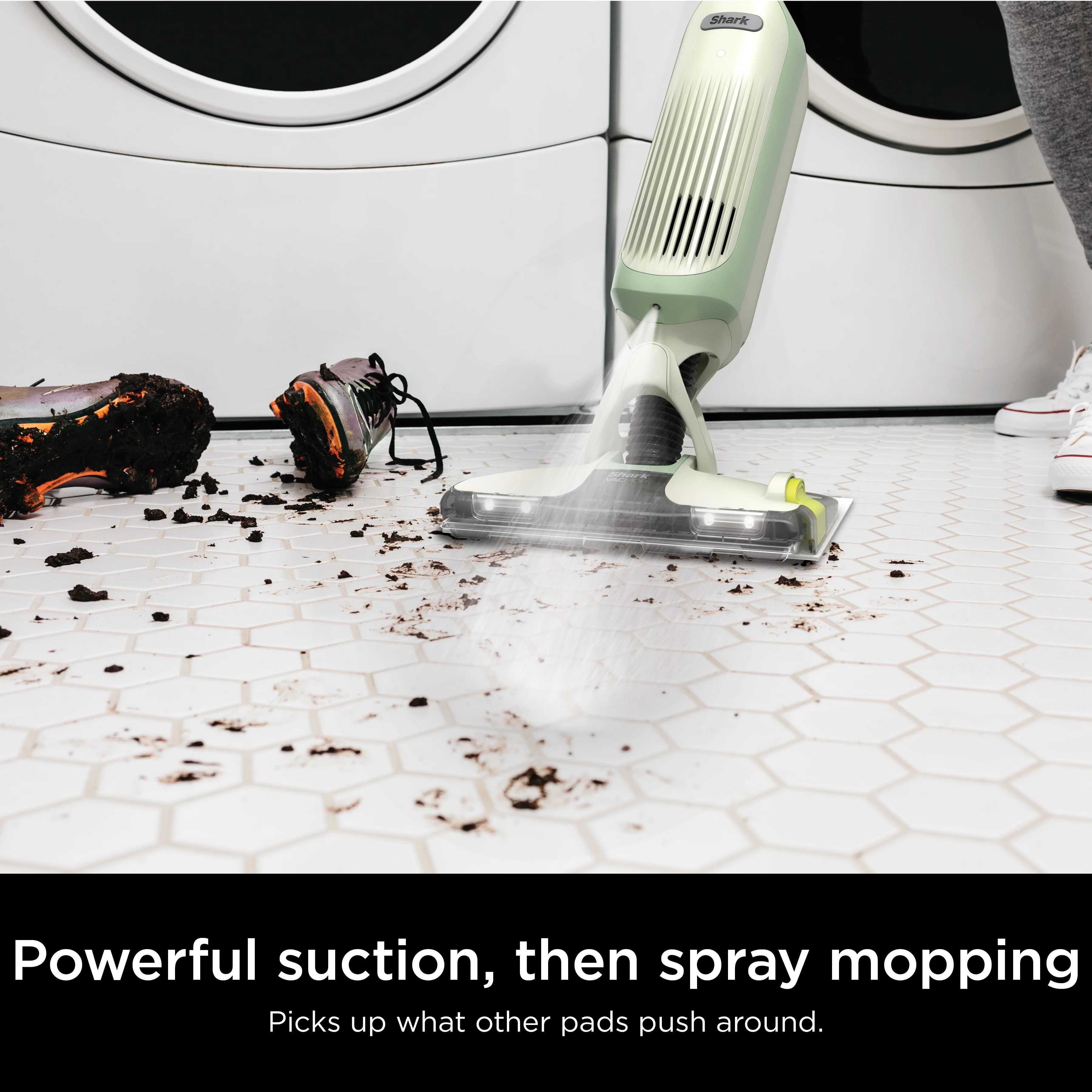 Shark VACMOP Cordless Hard Floor Cleaner, Vacuum and Spray Mop, Powerful Suction, Lightweight, LED Headlights, Includes 4 Disposable Pads, 12oz Multi-surface Cleaning Solution, Lime Green, VM252GN