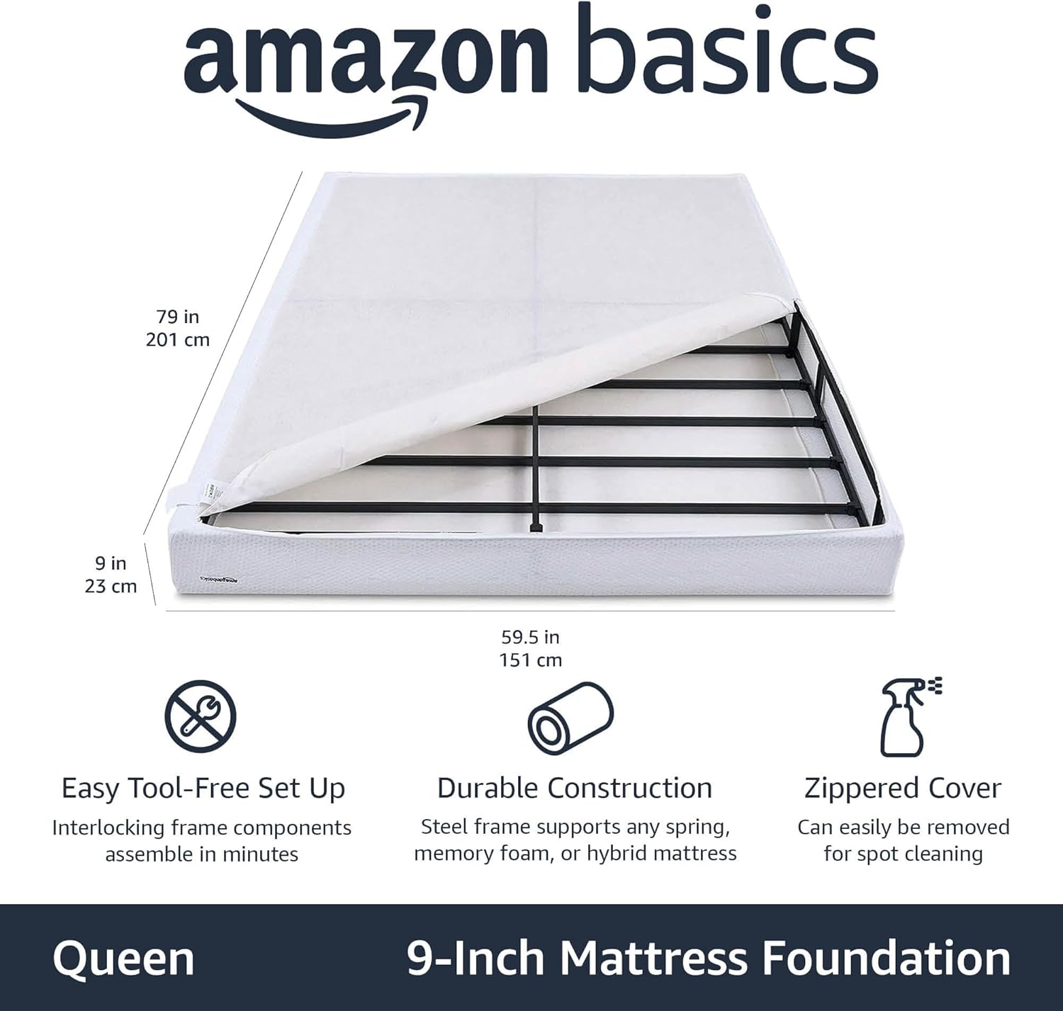 Amazon Basics Smart Box Spring Bed Base, 9-Inch Height Mattress Foundation, Tool-Free Easy Assembly, Strong Support, Queen, 79