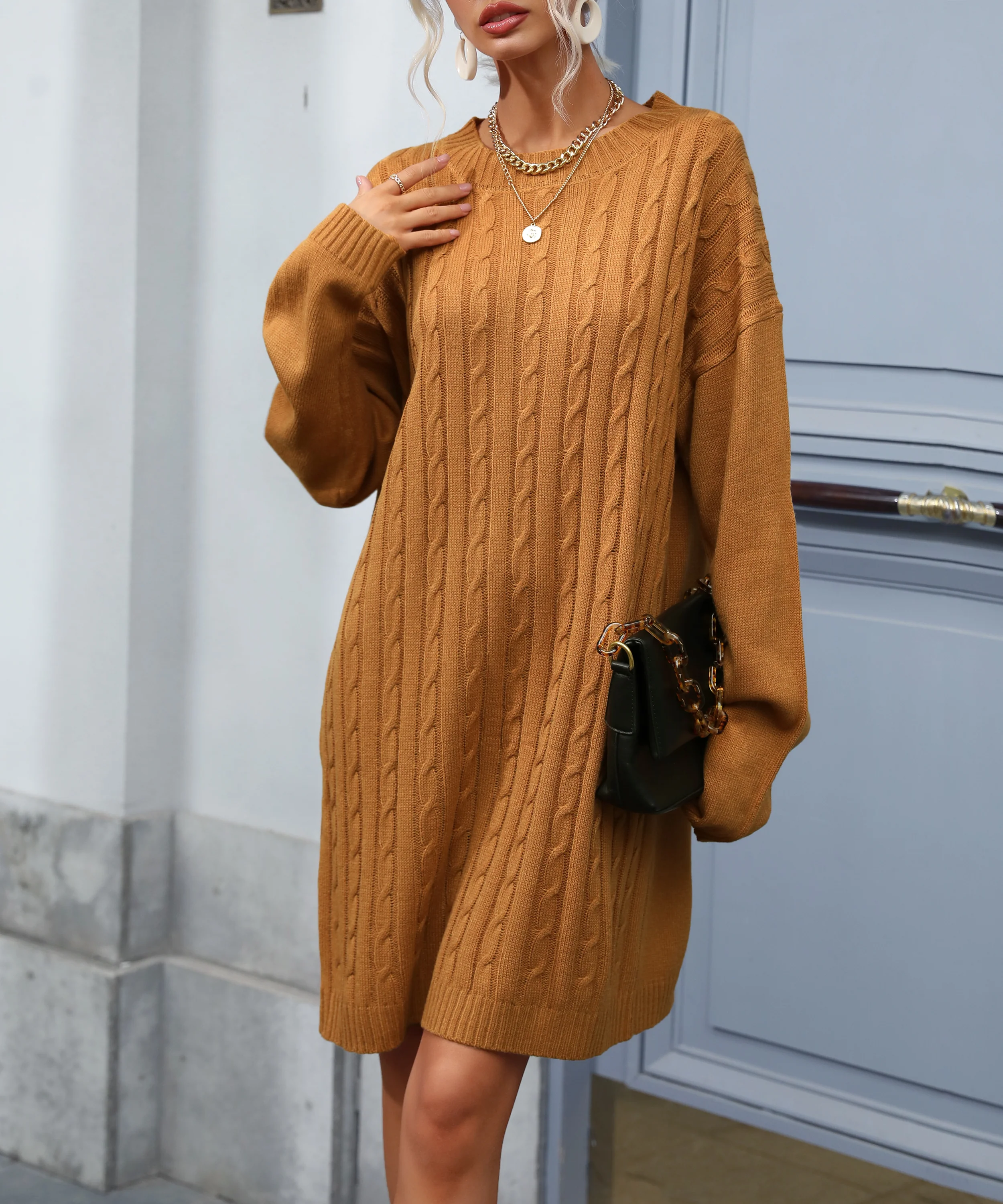 Women Clothing Autumn Winter Retro Twist Woolen Dresses - AZJHJ