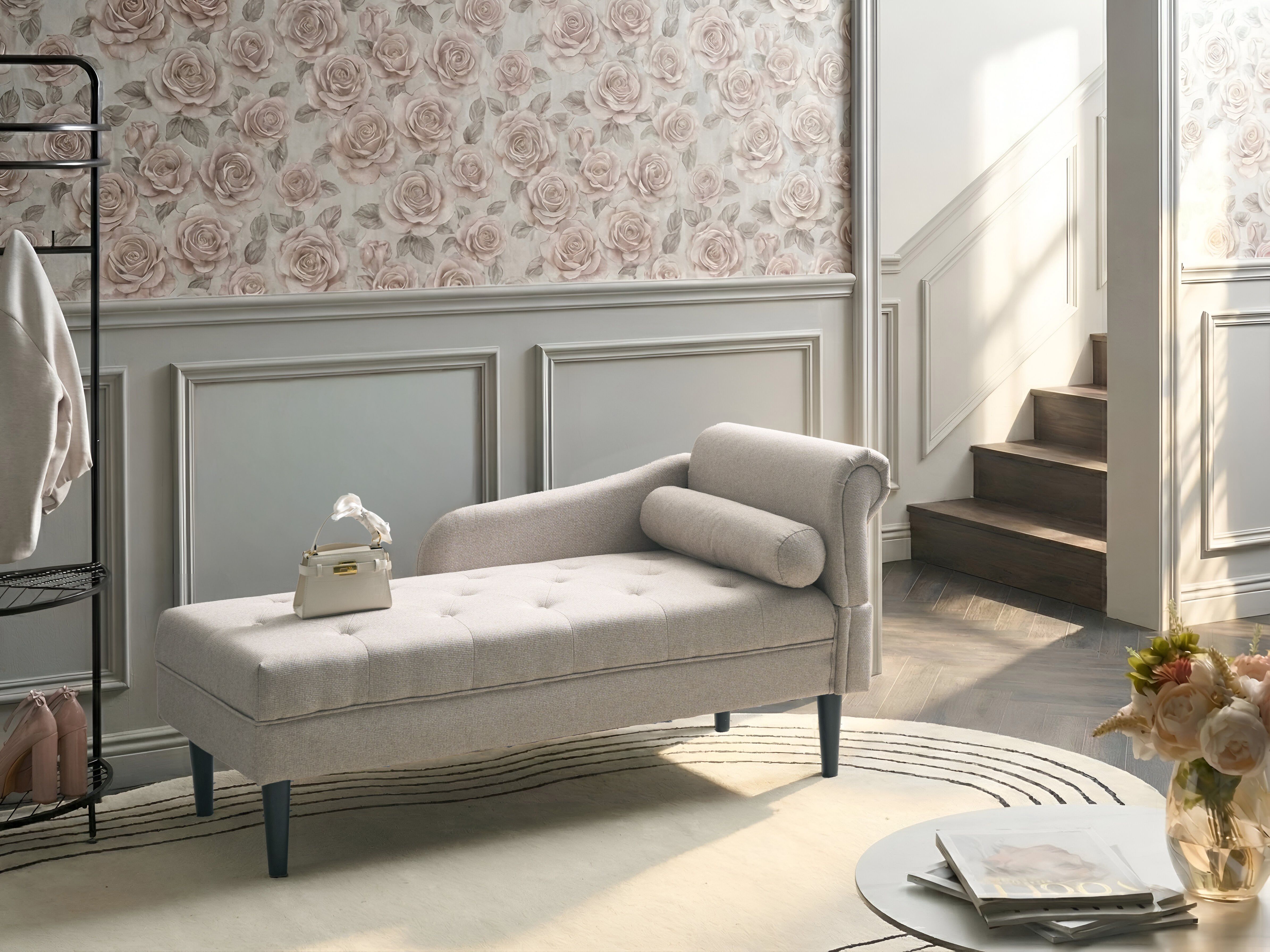 Right-Hand Chaise Lounge YVOIRE Fabric Beige