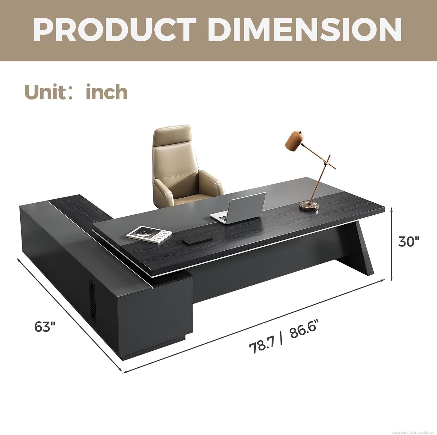 Modern L Shape Executive Desk with Storage Drawers – Large Black Corner Office Desk for Home Workspace, Spacious Executive Desk with Cabinets (Black/Right, 87