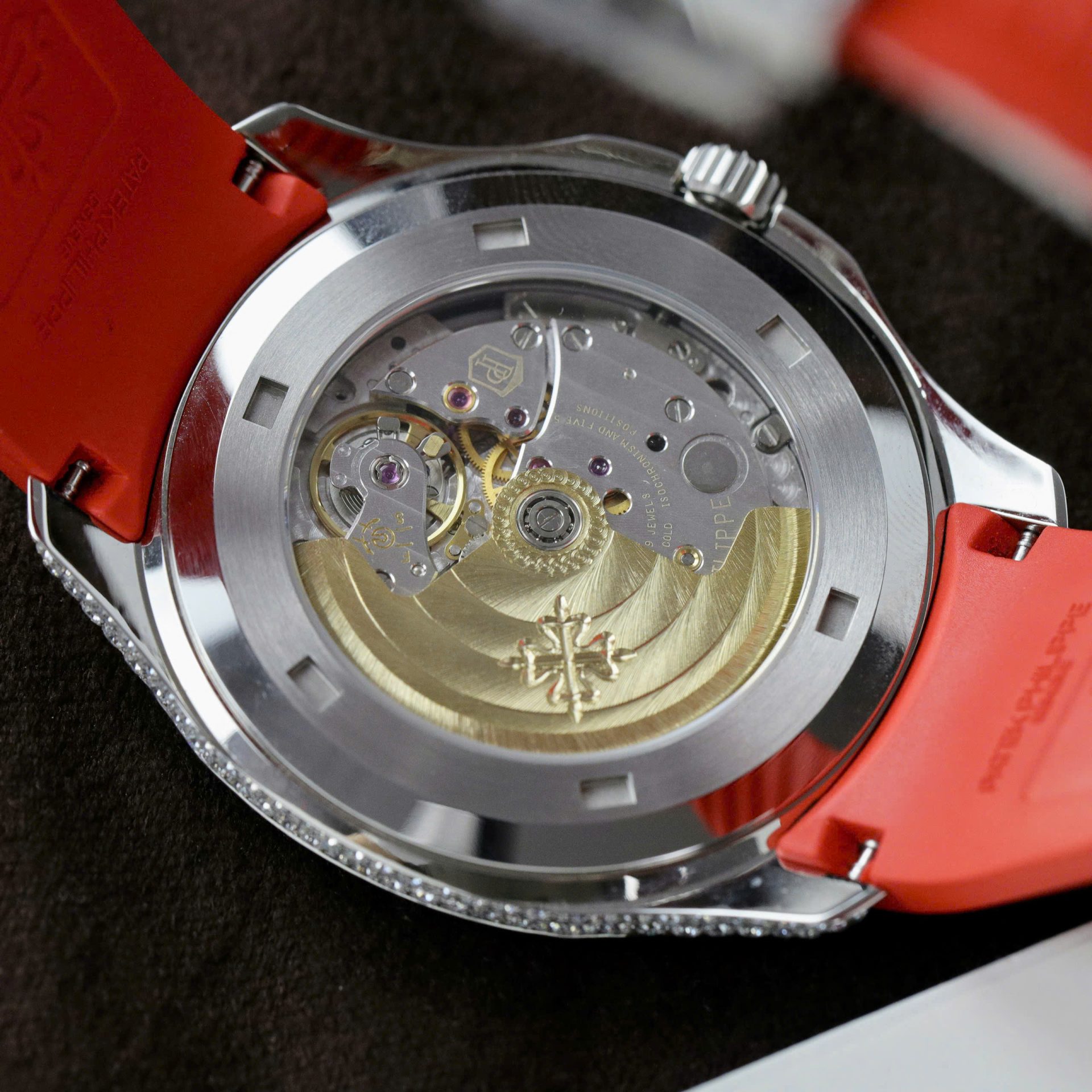 Patek Philippe Aquanaut 5167 Rep 11 Watch Custom Moissanite Diamonds Red Rubber Strap 40mm - Top club