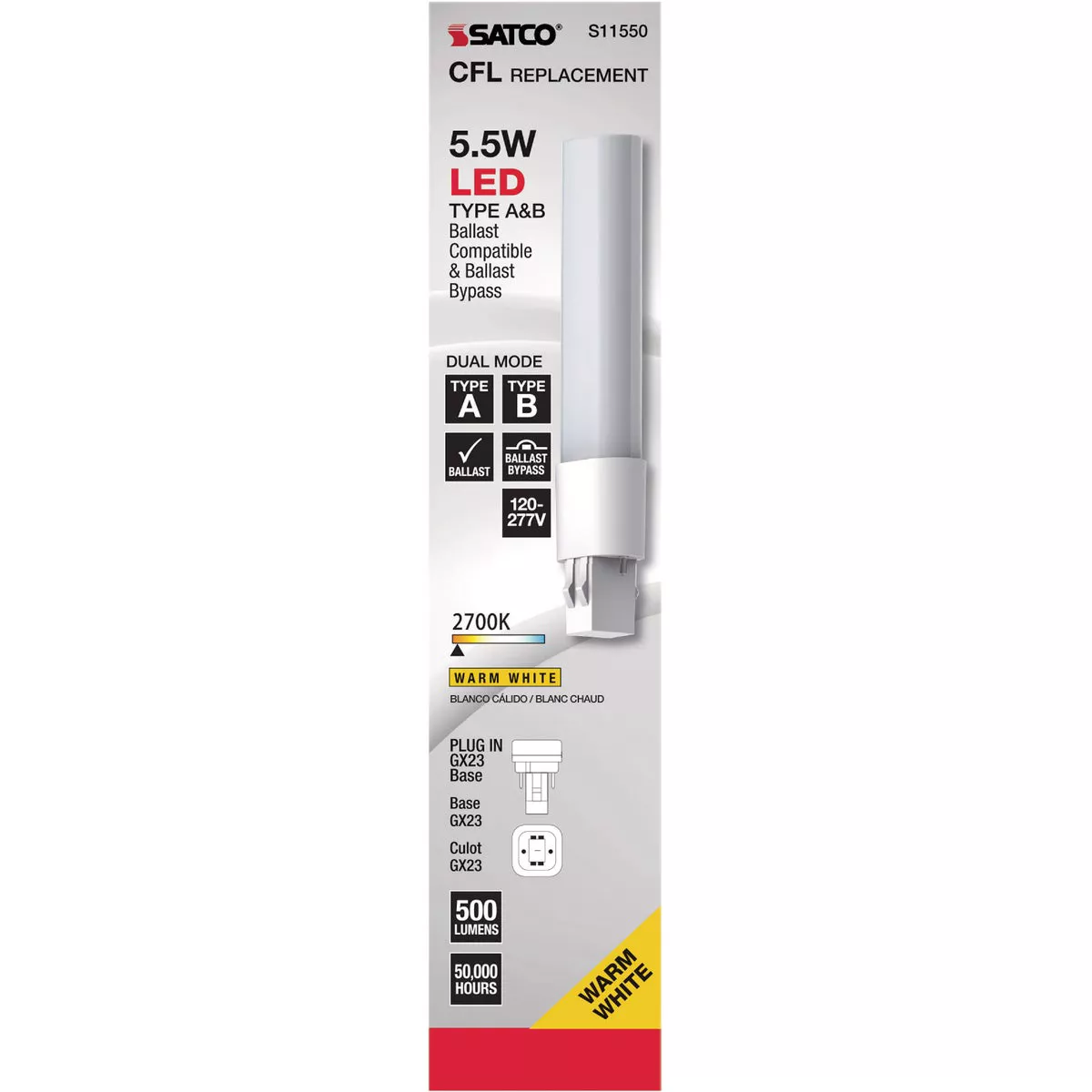 Satco 13W Equivalent PL GX23 Warm White Direct Replacement/Ballast Bypass LED Light Bulb
