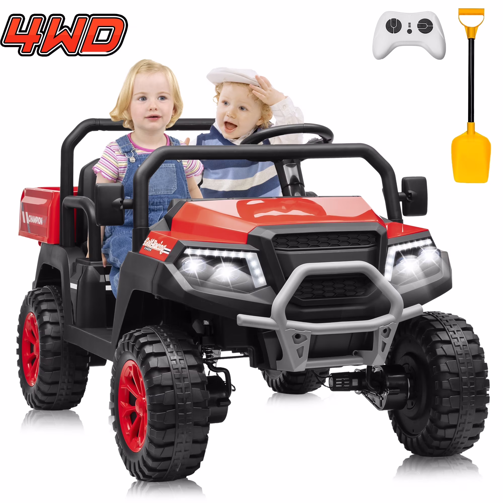 Joyracer 4WD 24 Volt Ride on Toys UTV with 2 Seater & Remote Control, Kids Electric Golf Cart w/ 4x200W Power Motors, Tiltable Trailer & Shovel, 4 Wheels Spring Suspension, Bluetooth USB Music, Black - Image 7