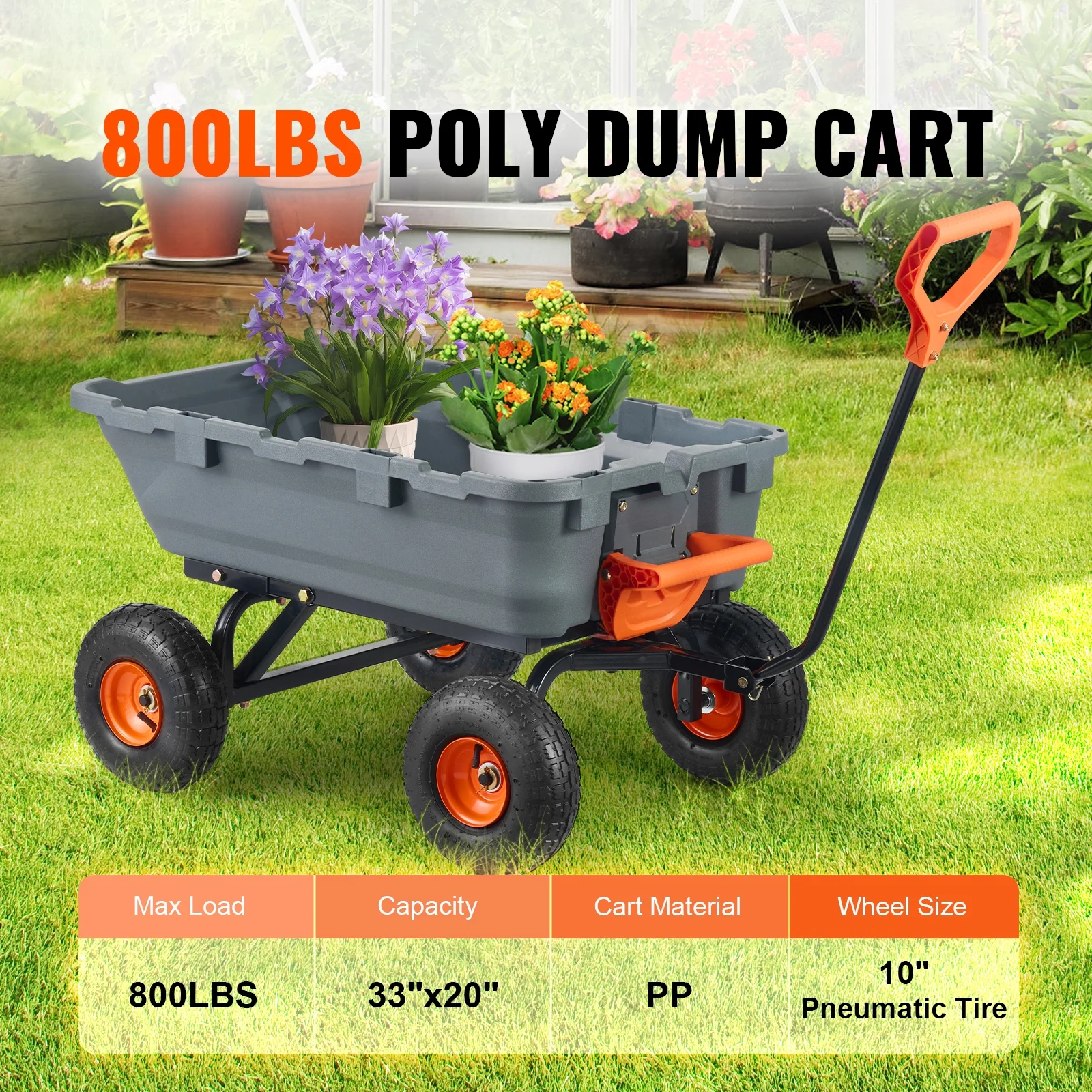 KFFKFF Garden Dump Cart, 35.8x19.5x8.2 in Dump Truck Cart, Max. 600lbs Load Capacity, 10in Rubber Tire, 180�� Adjustable Handle - Image 30