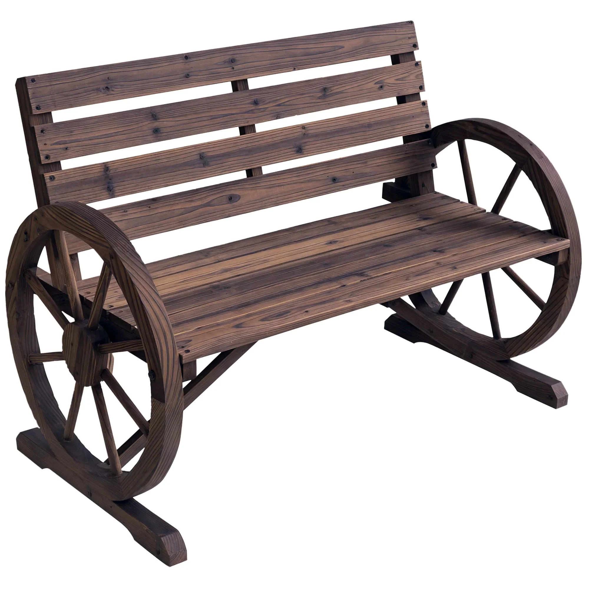 Outsunny Wooden Wagon Wheel Bench, 2-Person, Fir Wood, Carbonized, 41.5in L x 23.25in W x 29.5in H - 84B-183 - Image 4 Outsunny Wooden Wagon Wheel Bench, 2-Person, Fir Wood, Carbonized, 41.5in L x 23.25in W x 29.5in H - 84B-183 - Image 4