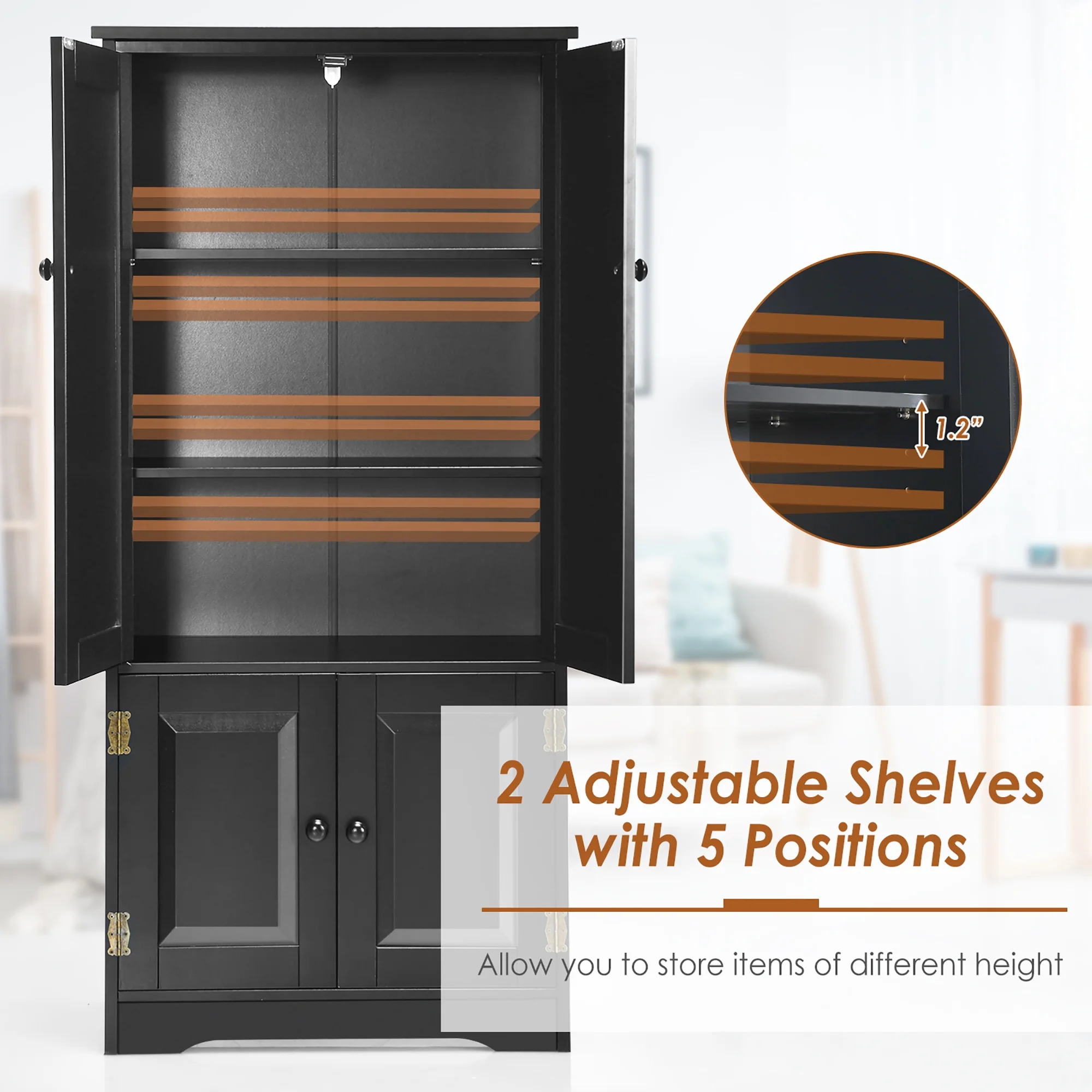 Costway Accent Floor Storage Cabinet W/ Adjustable Shelves Antique 2-Door Cream White - Image 12