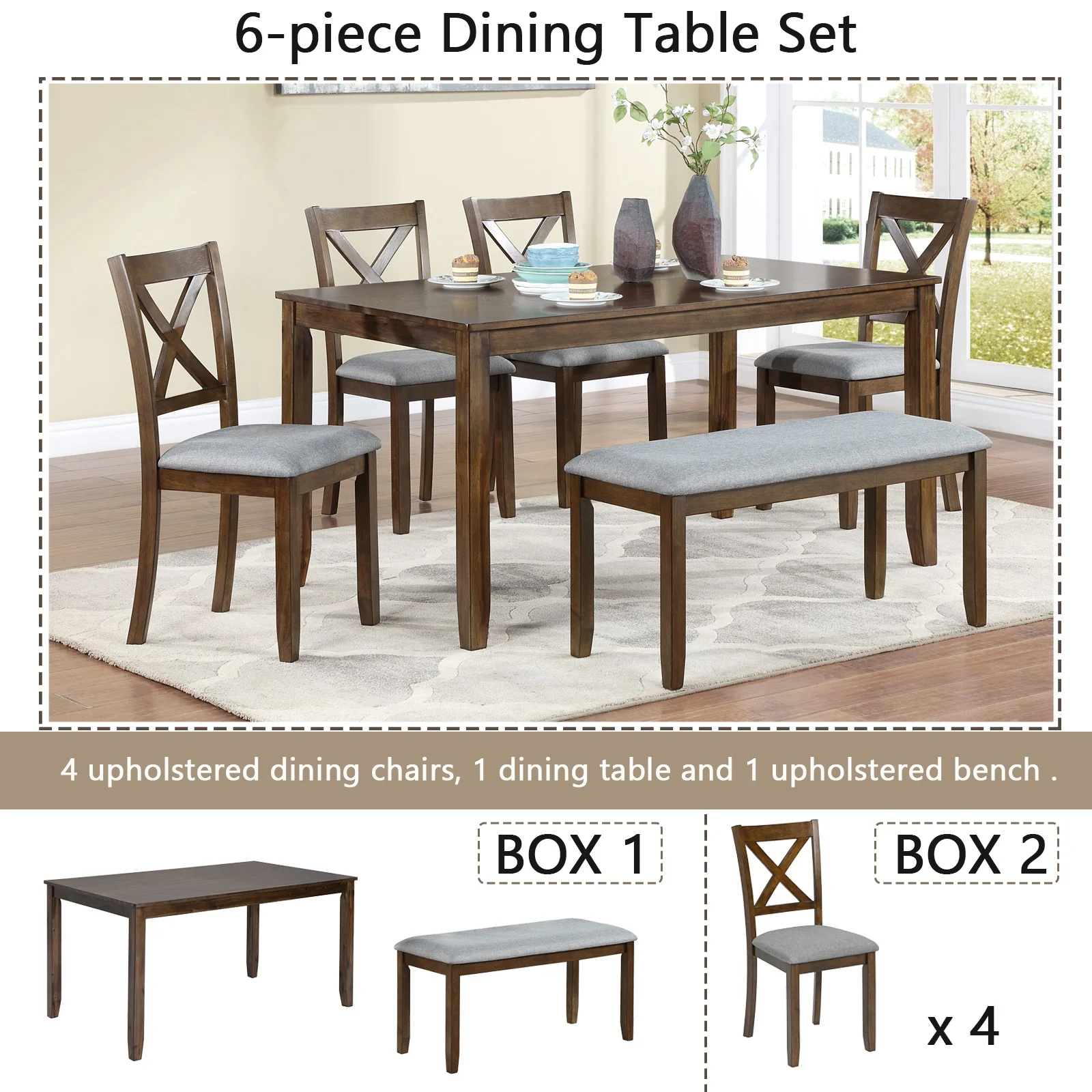 Dining Room Set, LEGAHOME 6 Piece Dining Sets with Bench and Chairs, Solid Wood Kitchen Dining Table Set for 6 with Upholstered Chairs, Gray - Image 17