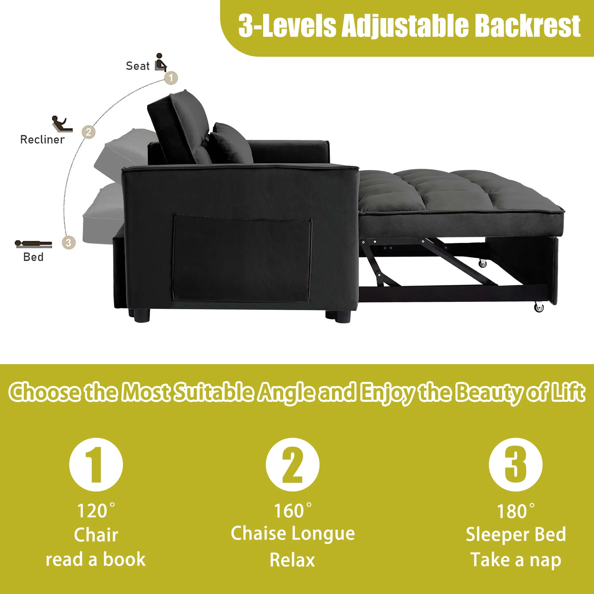 Convertible Sofa Bed,3-in-1 Sleeper Sofa with Pull Out Bed,Velvet Highly Elastic Sponge Futon Couch Loveseat with Adjustable Backrest and 2 Pillows for Living Room,Gray - Image 18