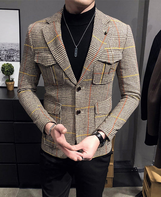 Retro Tartan Flap Pocket Decor Blazer