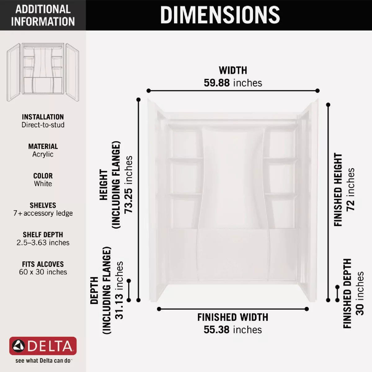 Delta Classic 500 60 In. x 73.25 In. x 30 In. Alcove Shower Wall Set, White (3-Piece)