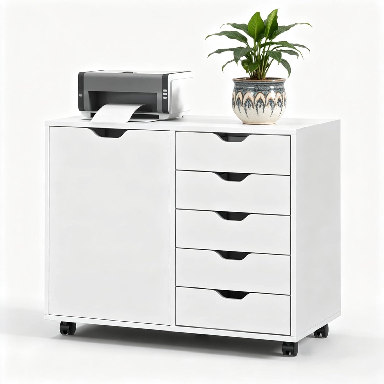 5-Drawer Wood Drawer Cabinet, Office Storage Cabinet with Adjustable Shelf & Wheels, Printer Stand for Home Office, White, 15.7