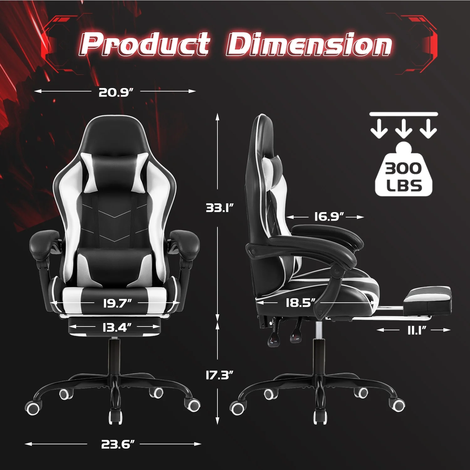 Lacoo PU Leather Gaming Chair Massage Ergonomic Gamer Chair Height Adjustable Computer Chair with Footrest & Lumbar Support, White - Image 4