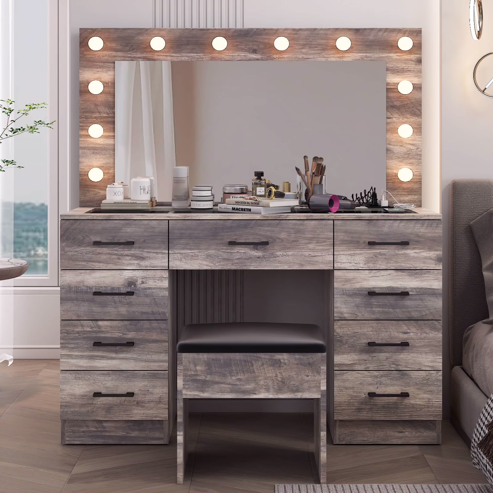 Ktaxon Large Makeup Vanity, Vanity Table Set w/ Visible Glass Top w/ Charging Station, White - Image 22