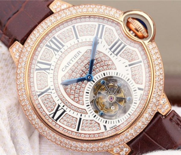 Replica Cartier Ballon Bleu de Cartier Tourbillon RG Full Paved Diamonds Leather Strap - Top club