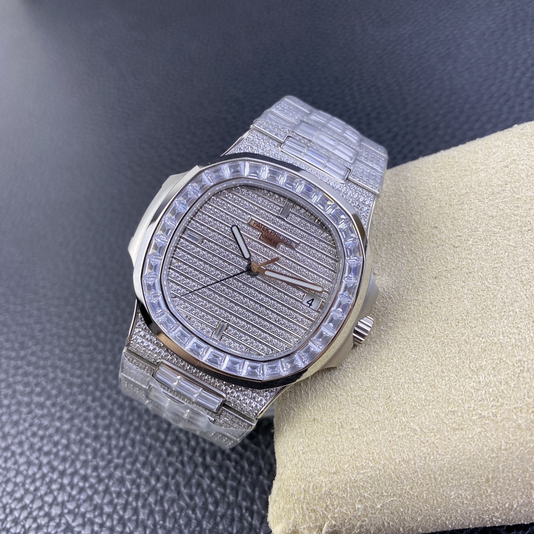 Fake diamond watch Patek Philippe Replica Nautilus Date Sweep Seconds White Gold/Diamonds Dial & Bezel 5719/10G-010 TWF(1:1 replica) - Top club