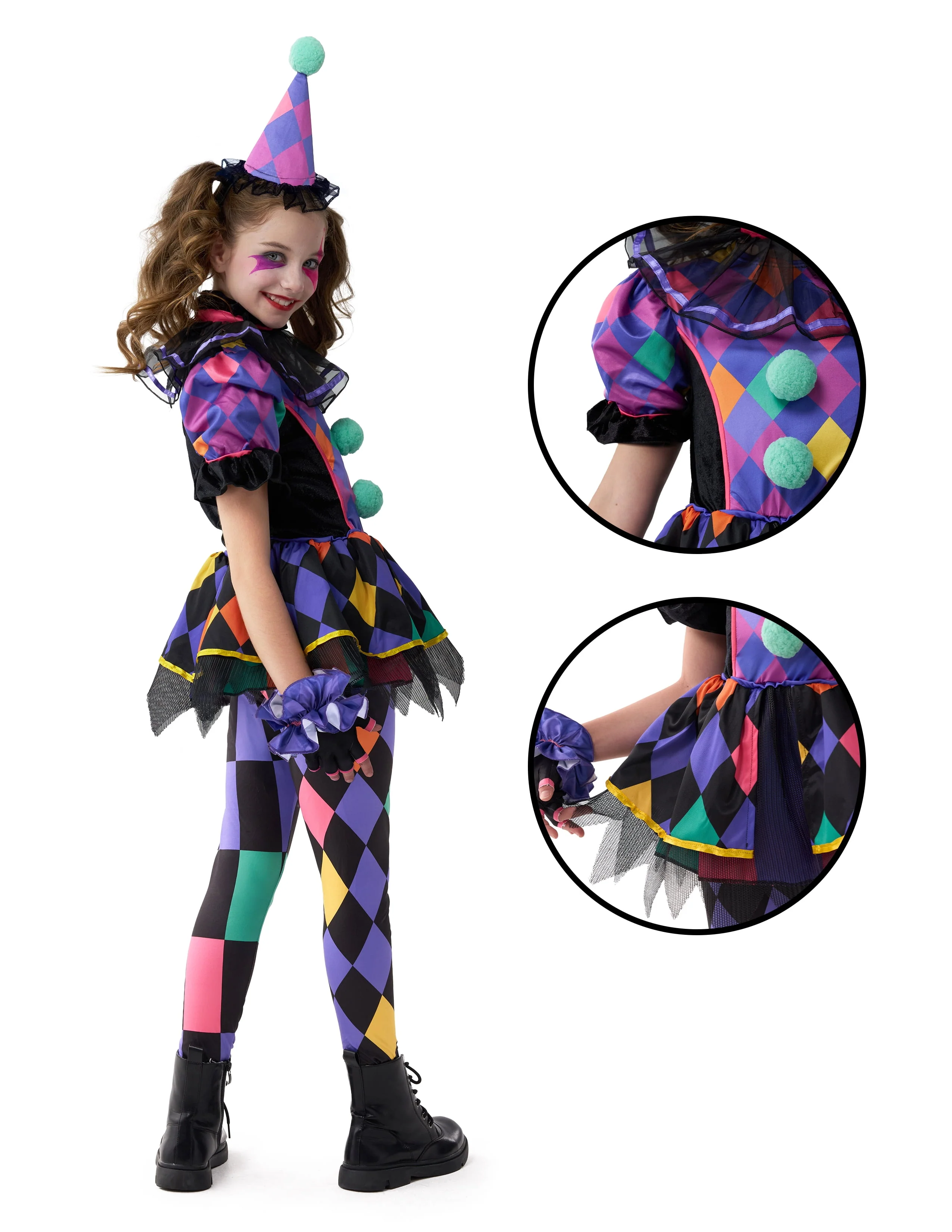 Joyfy Girls Clown Costume, Halloween Scary Clown Costume, Dark Colorful Twisted Clown Jester Dress for Girls Halloween Dress Up, Role Play, Cosplay Party - Image 6 Joyfy Girls Clown Costume, Halloween Scary Clown Costume, Dark Colorful Twisted Clown Jester Dress for Girls Halloween Dress Up, Role Play, Cosplay Party - Image 6