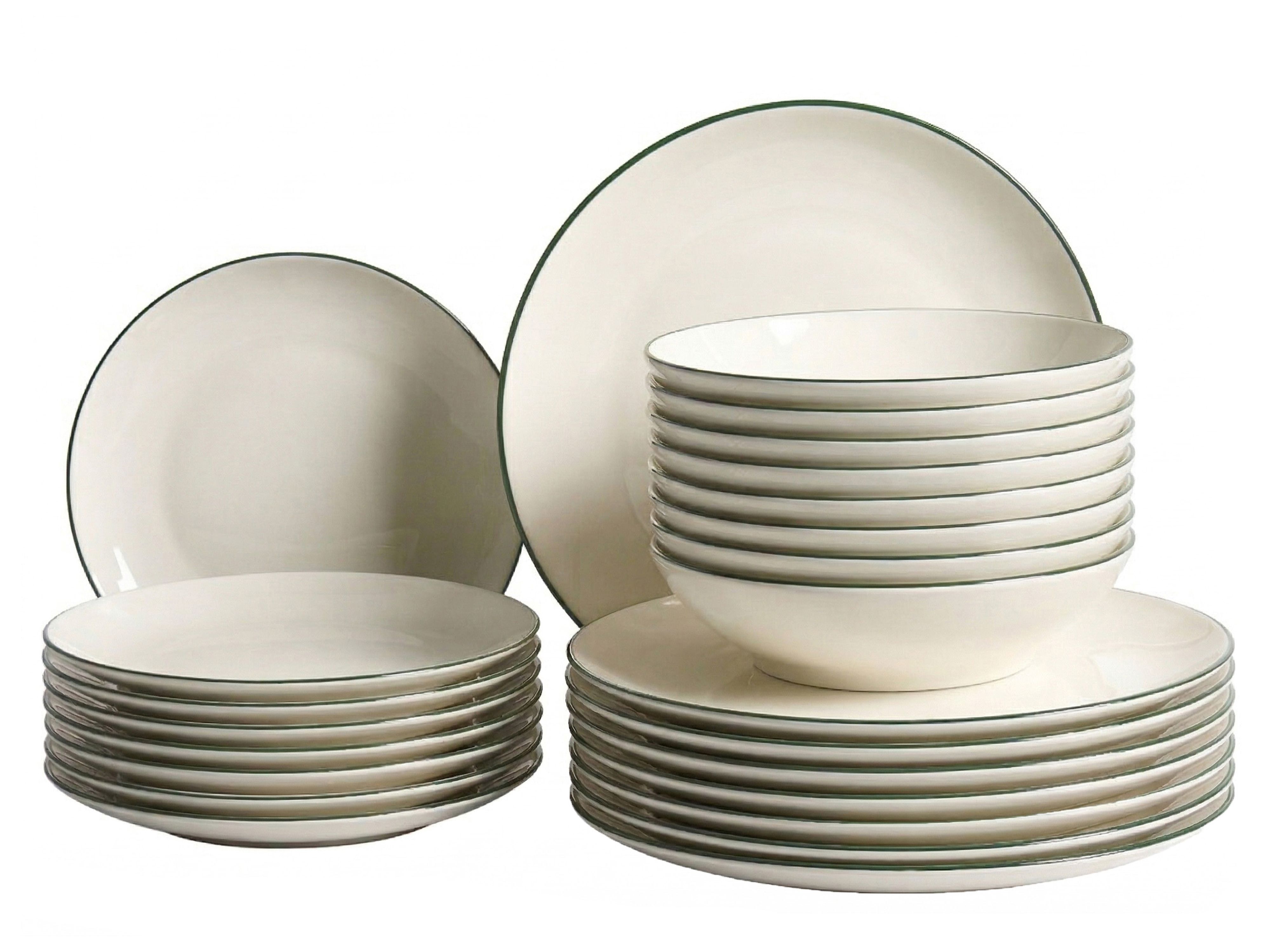 Set of 24 Dinnerware CUMIN Porcelain Off-White/ Green
